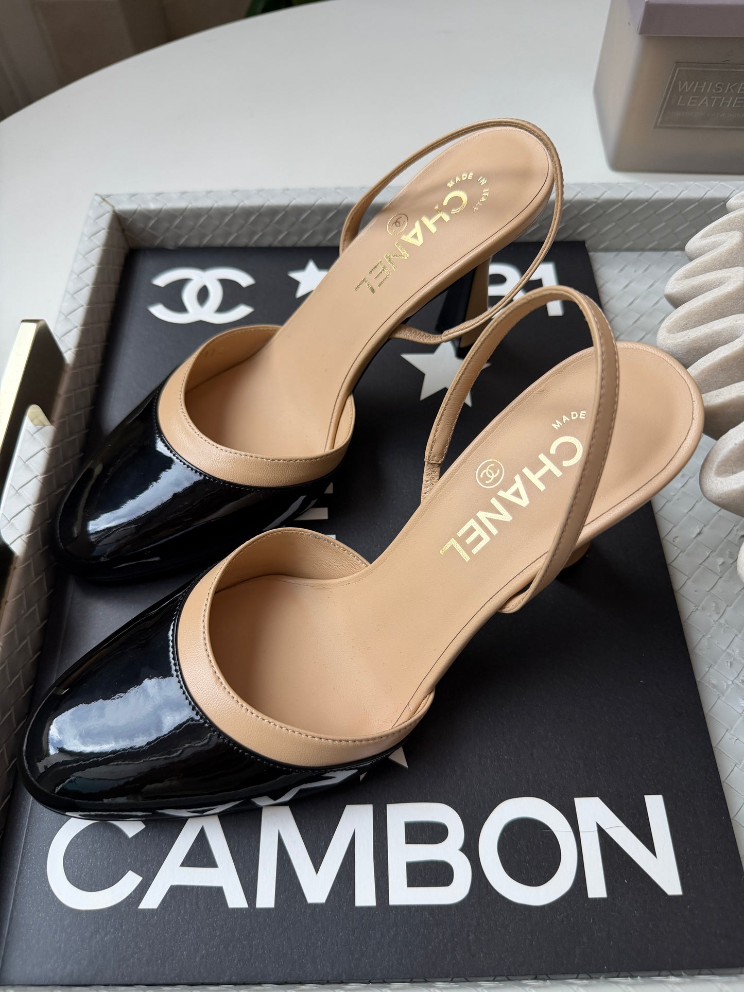 Chanel SS26 Beige Black Lambskin Patent Calfskin Leather Classic Slingbacks Pumps Heels