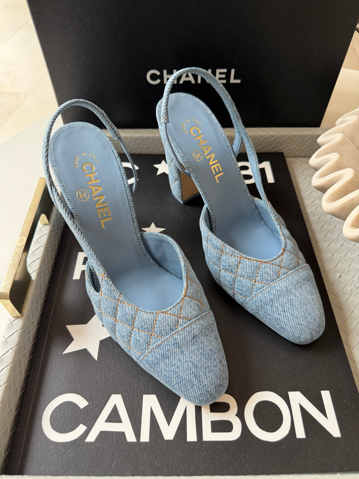 Chanel 26B CC Logo Light Blue Quilted Denim Jean Slingback Pumps Chunky 90mm Heel