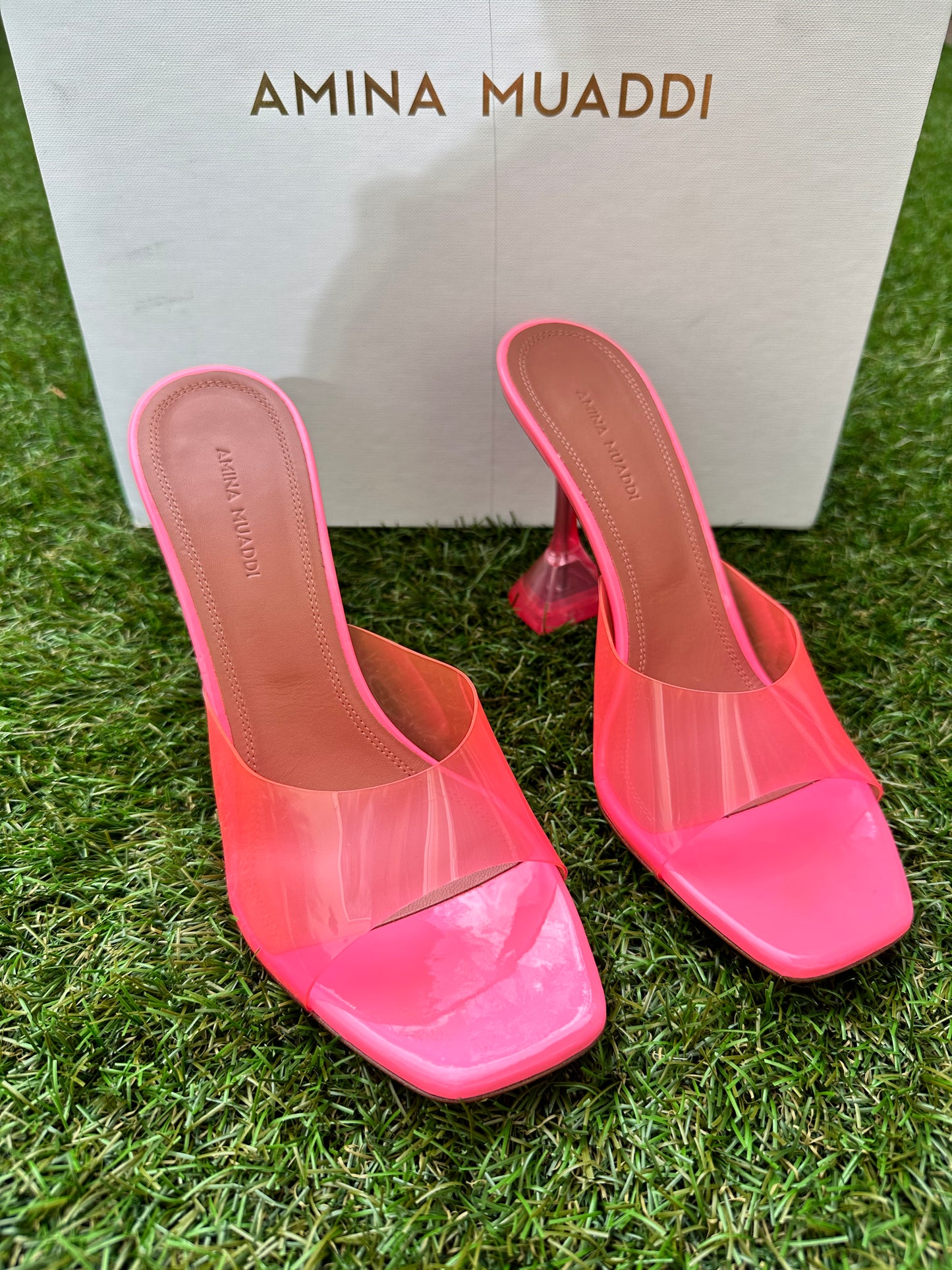 Amina Muaddi Lupita Glass Bubblegum Pink PVC Mule Mules Plastic Heels