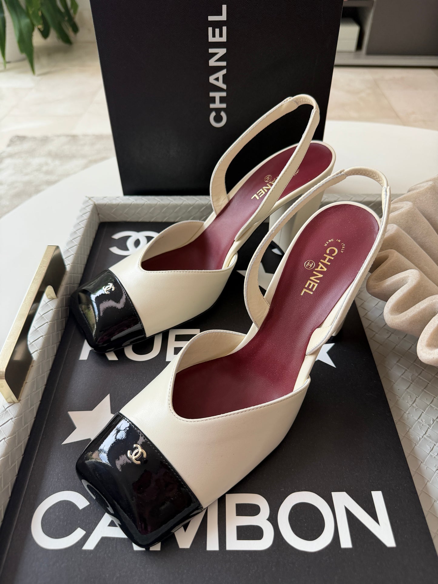 Chanel 26S Blazy Ivory Ecru Black Square Cap Toe Sling CC Slingback Chunky Heel Pumps