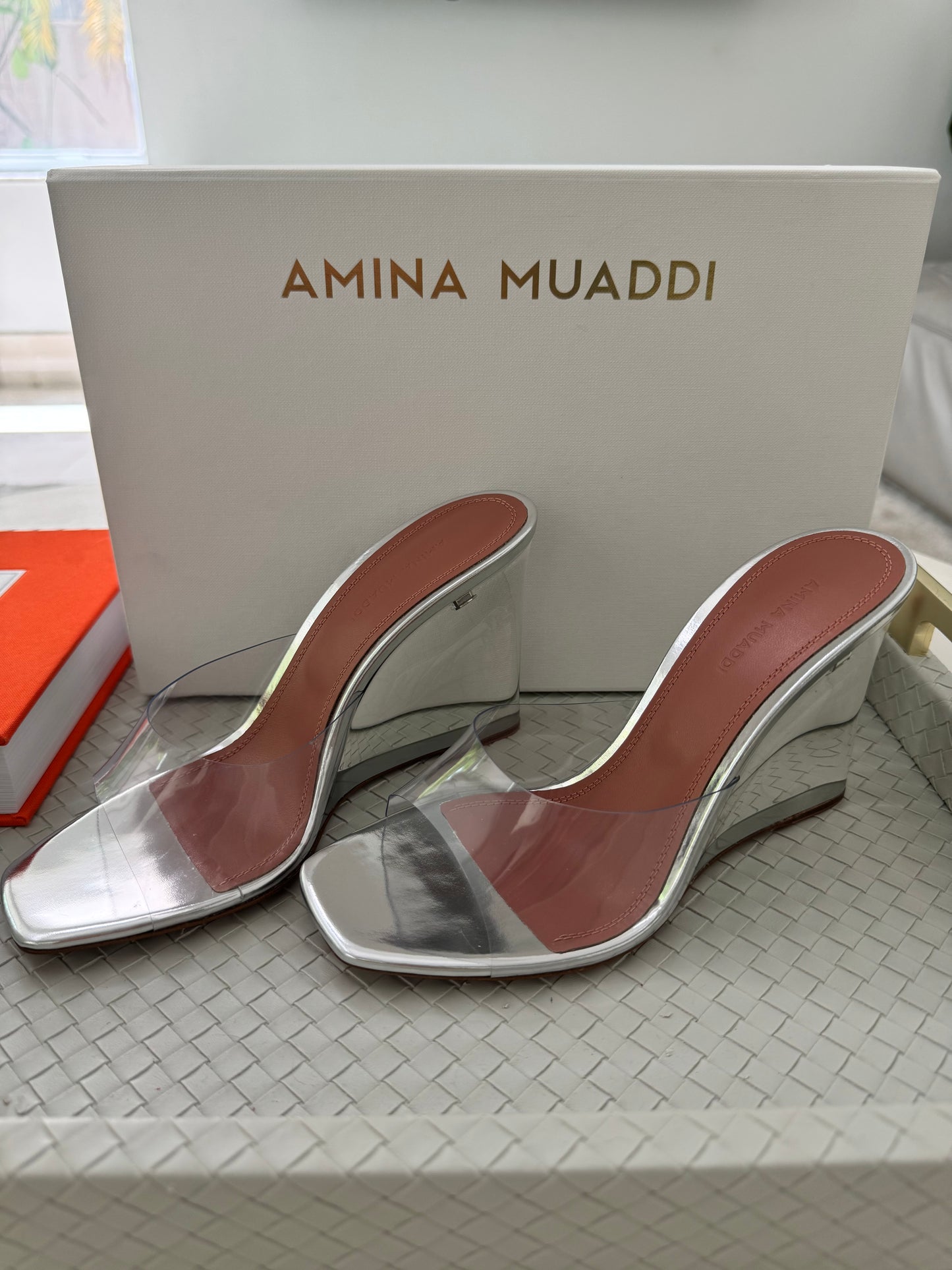 Amina Muaddi Lupita Glass Wedge PVC Clear Silver Mule Sandals Heel Shoes