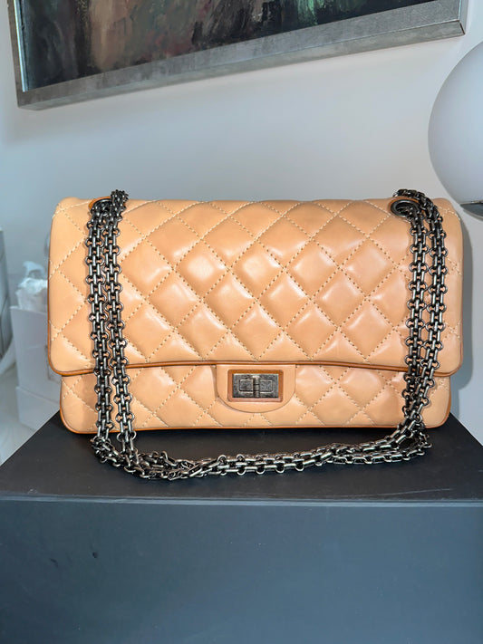 Chanel Reissue 226 Medium Double Flap Beige Two Tone Lambskin Quilted Handbag Bag Pre-Owned