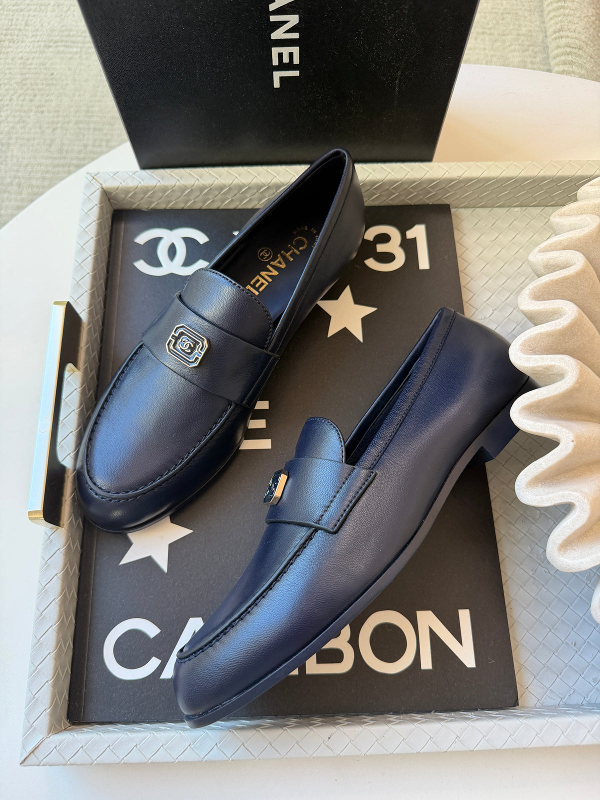 Chanel 2024 Classic Lambskin Leather Navy Blue Enamel CC Logo Moccasins Loafers Flats Shoes