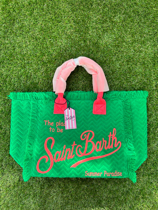 MC2 Saint Barth Vanity Terry Embossed Green Fuchsia Pink Beach Tote Bag