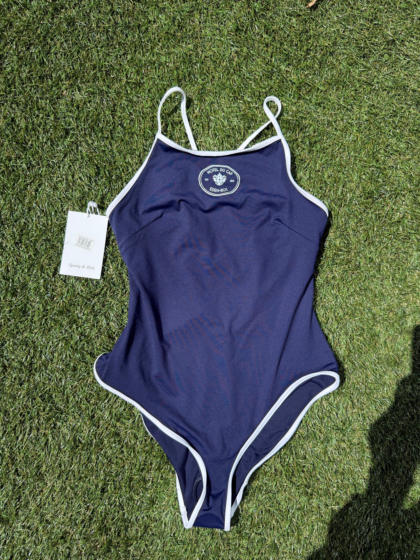 Sporty and Rich Eden-Roc Hotel Du Cap Navy Blue Crest One Piece Swimsut