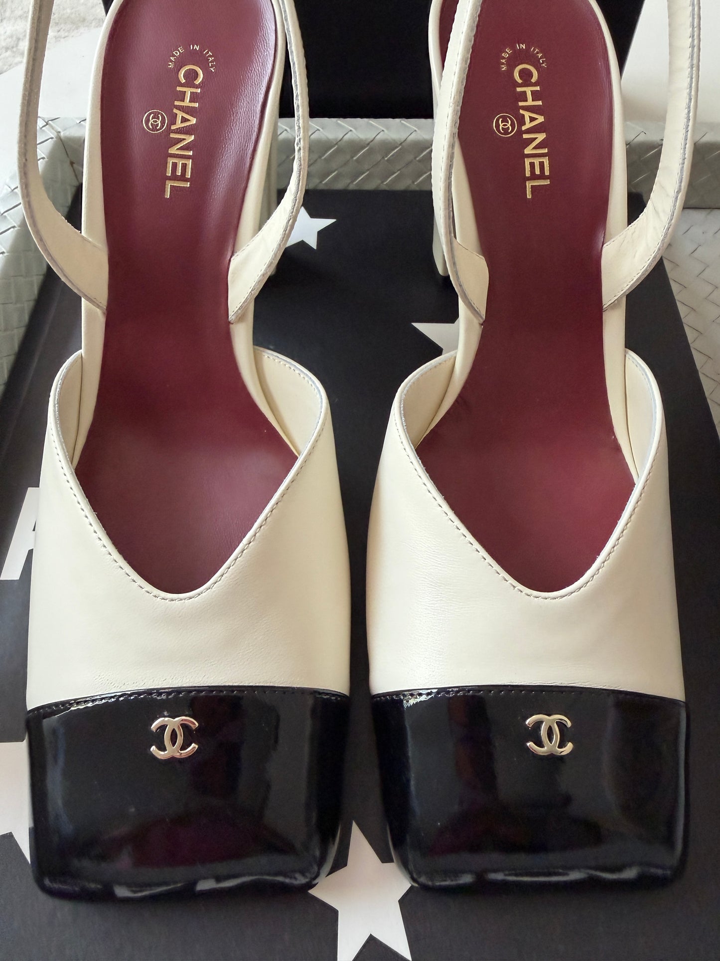 Chanel 26S Blazy Ivory Ecru Black Square Cap Toe Sling CC Slingback Chunky Heel Pumps