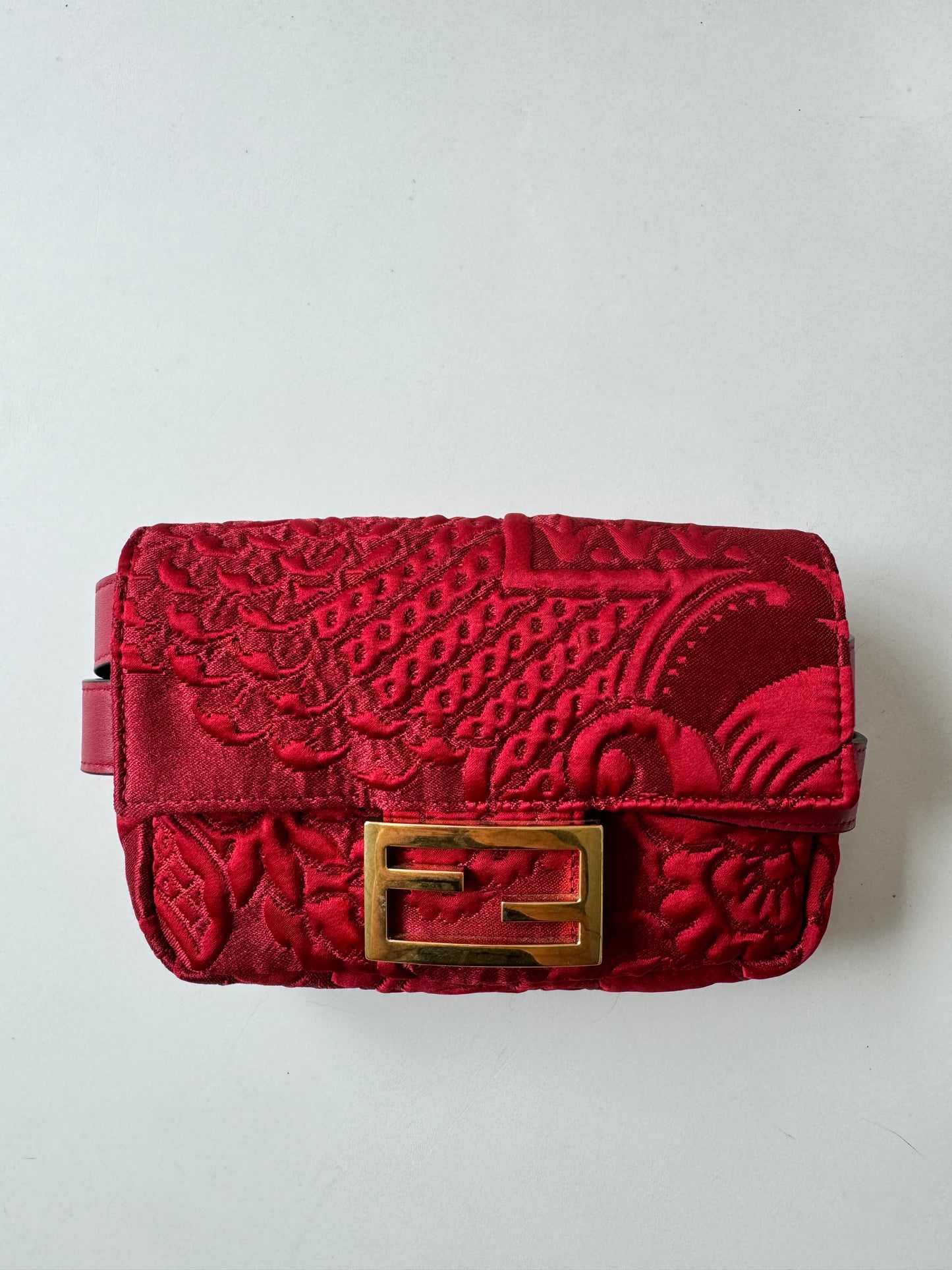 Fendi Red Rosso Fabric Floral Embroidered Hip Belt Pouch Baguette Bag Purse Pre-Owned