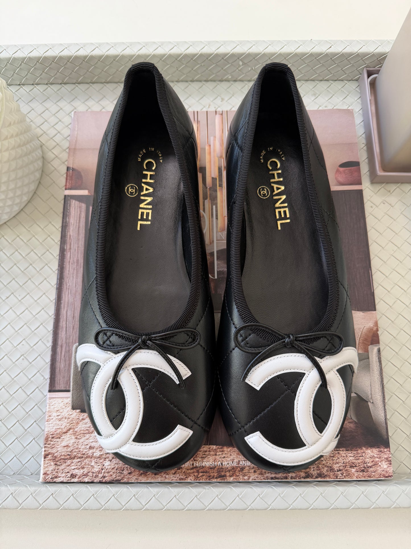 Chanel Cambon 2026 Coco Beach CC Logo Black Leather White Ballet Ballerina Flats