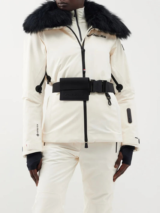 Moncler Grenoble Vizelle Off-White Ivory Lamb Detachable Fur Down Puffer Apres Ski Jacket Black Belted