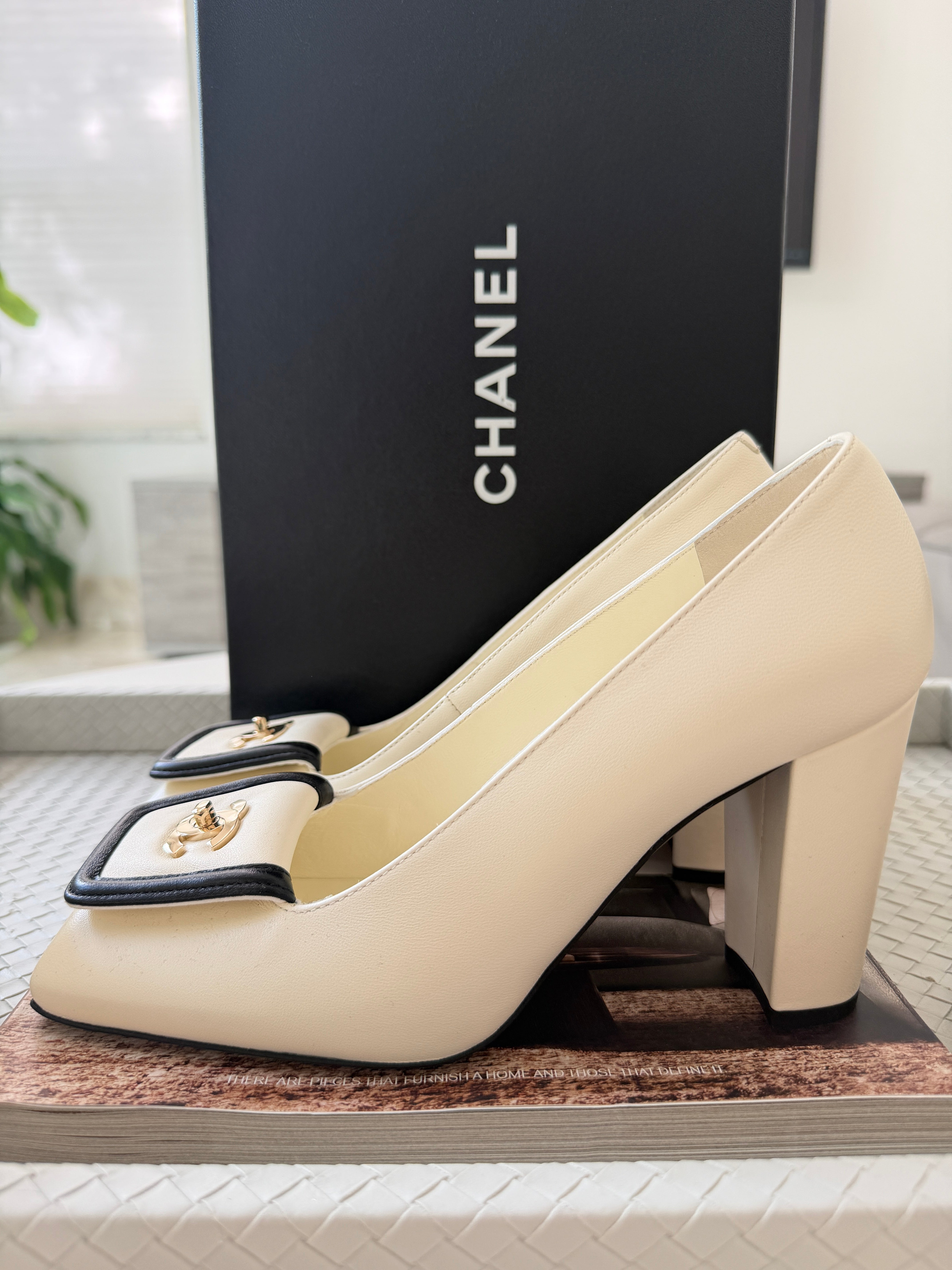 Chanel SS 26 Blazy Ivory Black Lambskin Square Toe CC Logo Turn