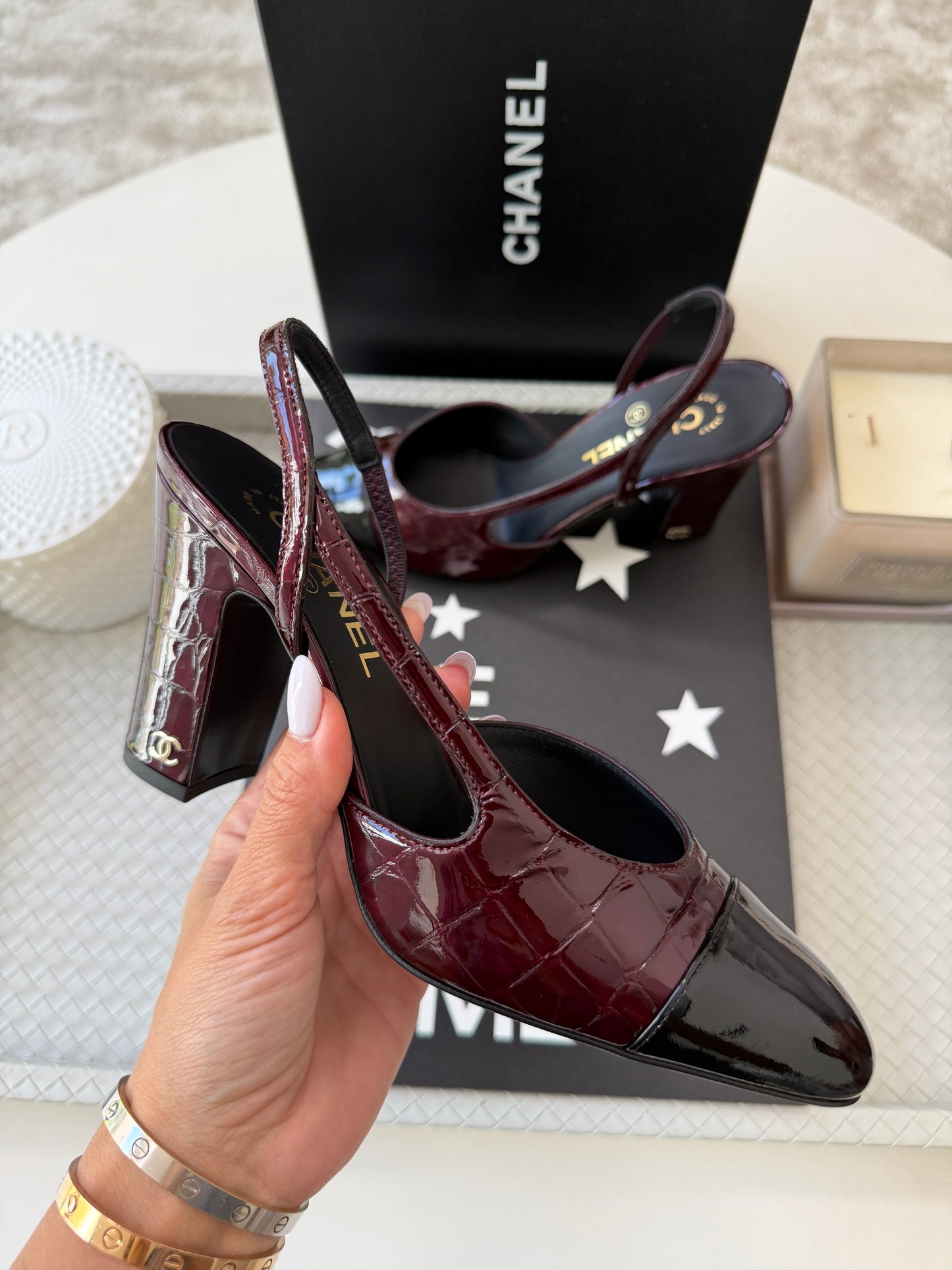 Chanel 26A Coco Sling Burgundy Bordeaux Fonce Croc Embossed Patent Leather Slingback Metiers Dart Pumps Heels