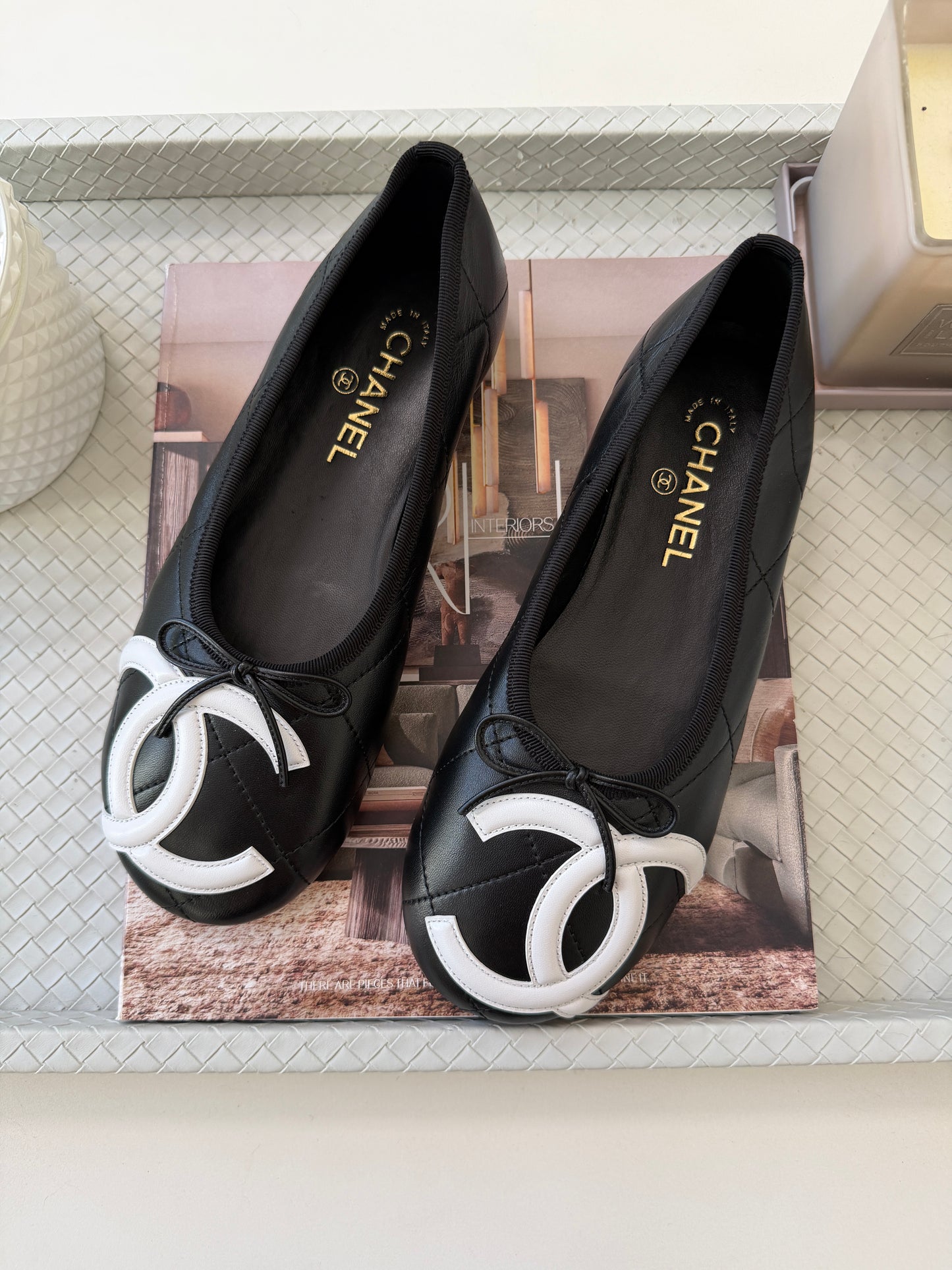 Chanel Cambon 2026 Coco Beach CC Logo Black Leather White Ballet Ballerina Flats