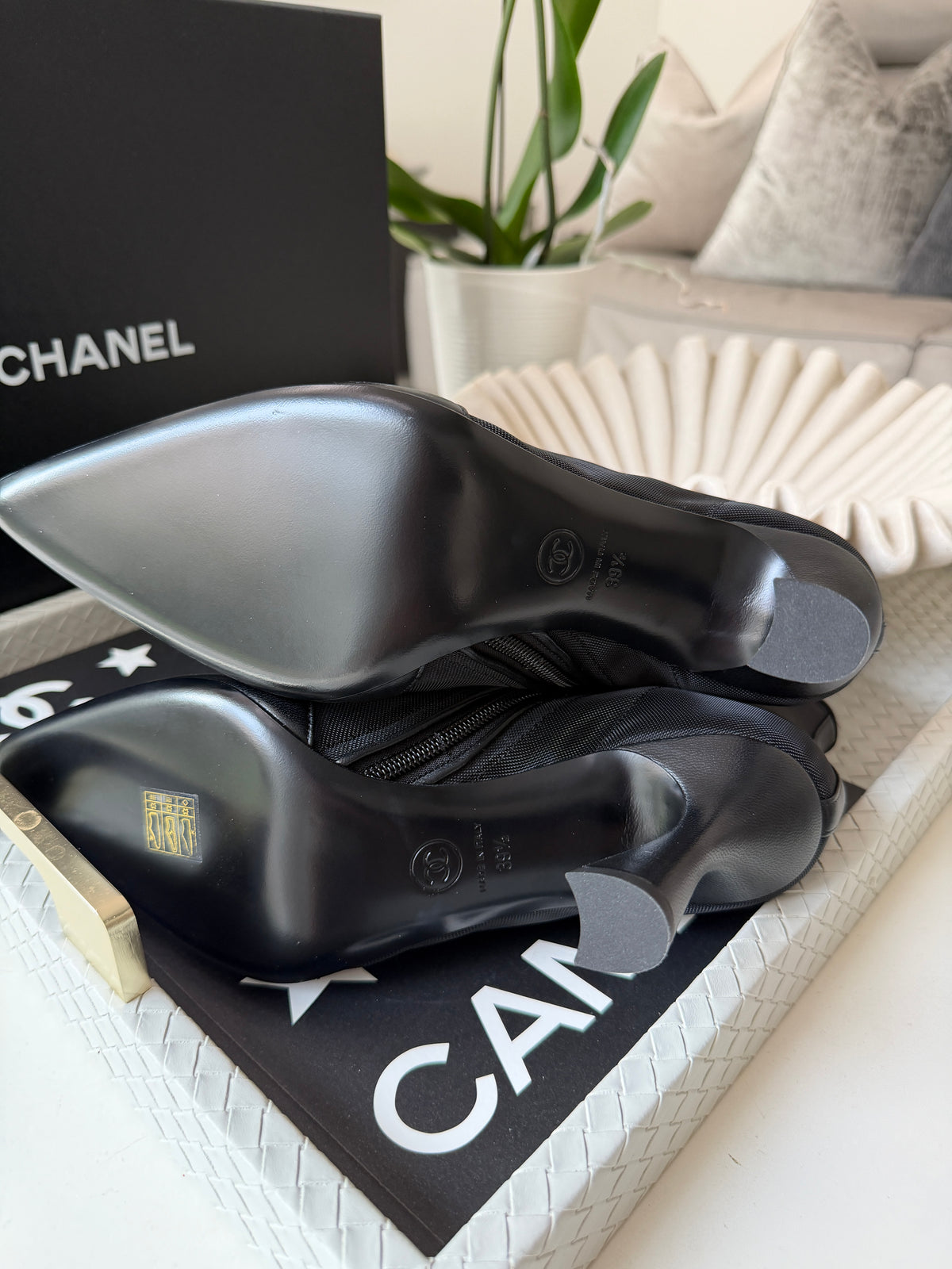 Chanel 26B Black Mesh Lambskin Leather CC Logo Cap Toe Booties Ankle Boots