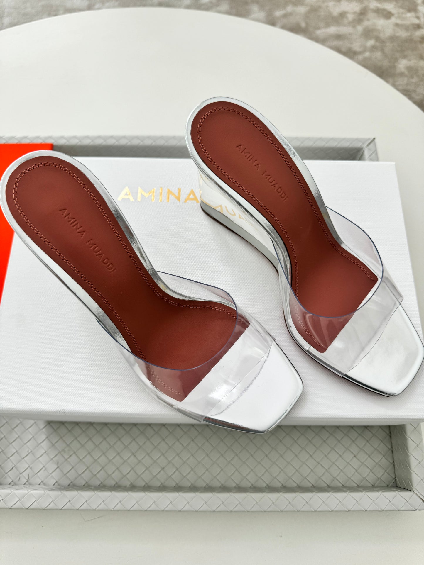 Amina Muaddi Lupita Glass Wedge PVC Clear Silver Mule Sandals Heel Shoes