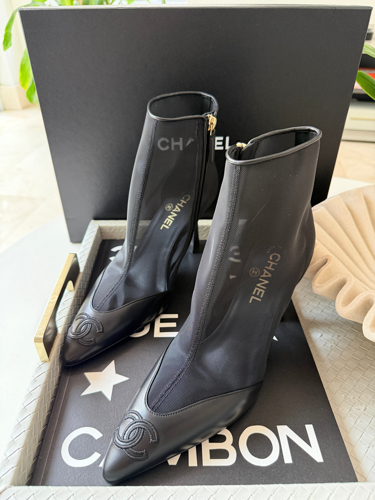 Chanel 26B Black Mesh Lambskin Leather CC Logo Cap Toe Booties Ankle Boots