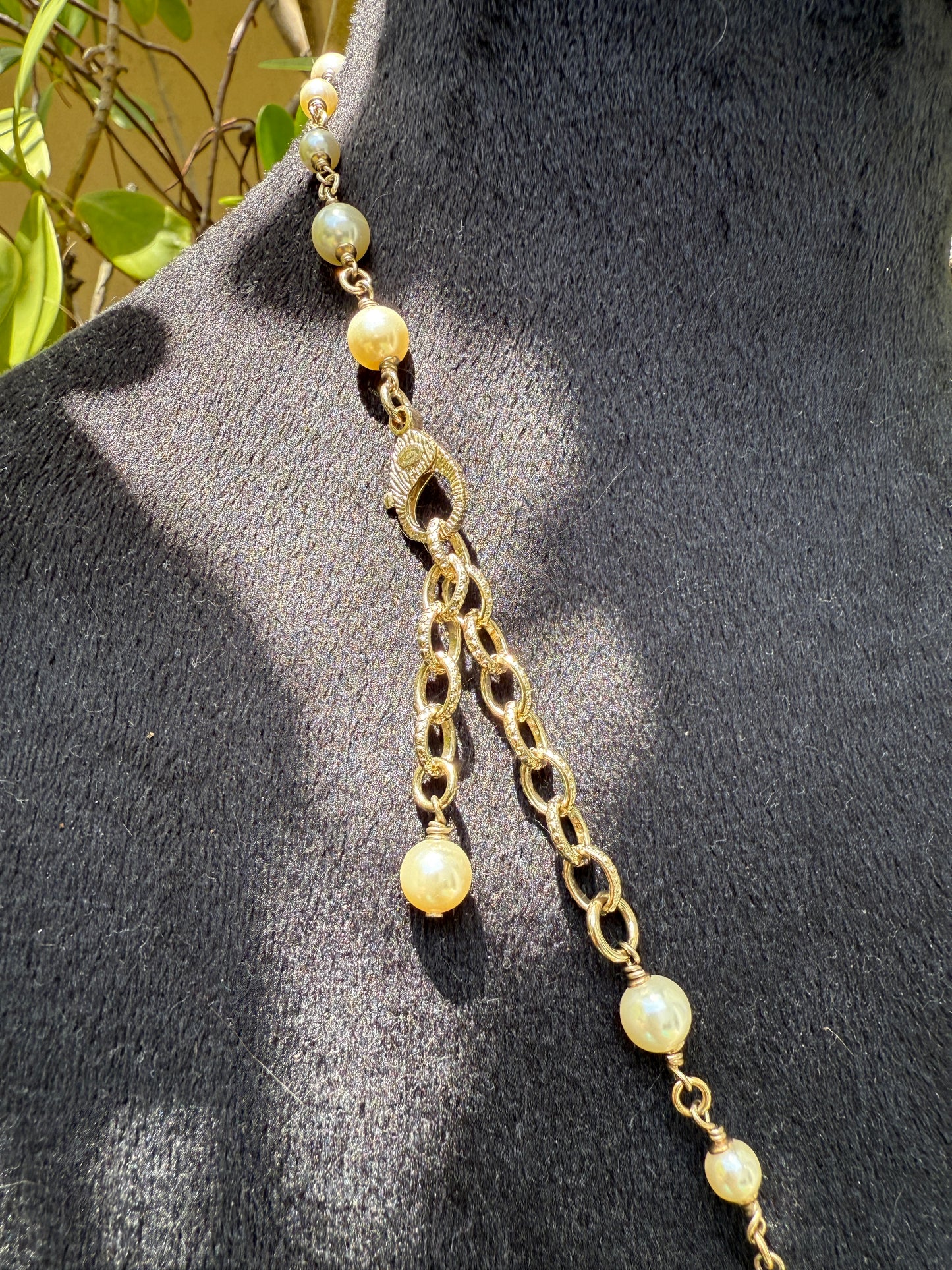 CHANEL 2019S GOLDEN TONE CHA NEL LETTERS LOGO WITH CRYSTALS PEARLS LONG NECKLACE