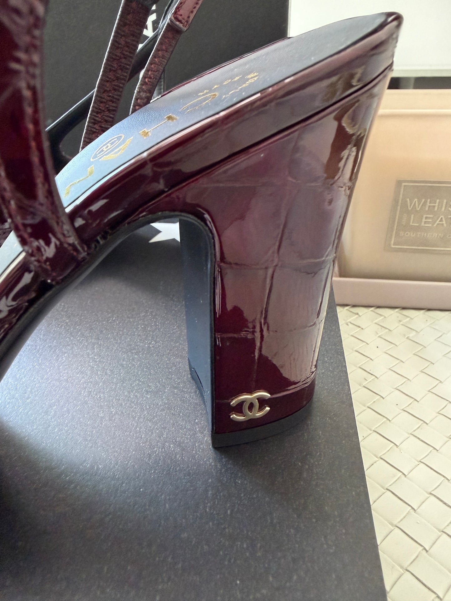 Chanel 26A Coco Sling Burgundy Bordeaux Fonce Croc Embossed Patent Leather Slingback Metiers Dart Pumps Heels