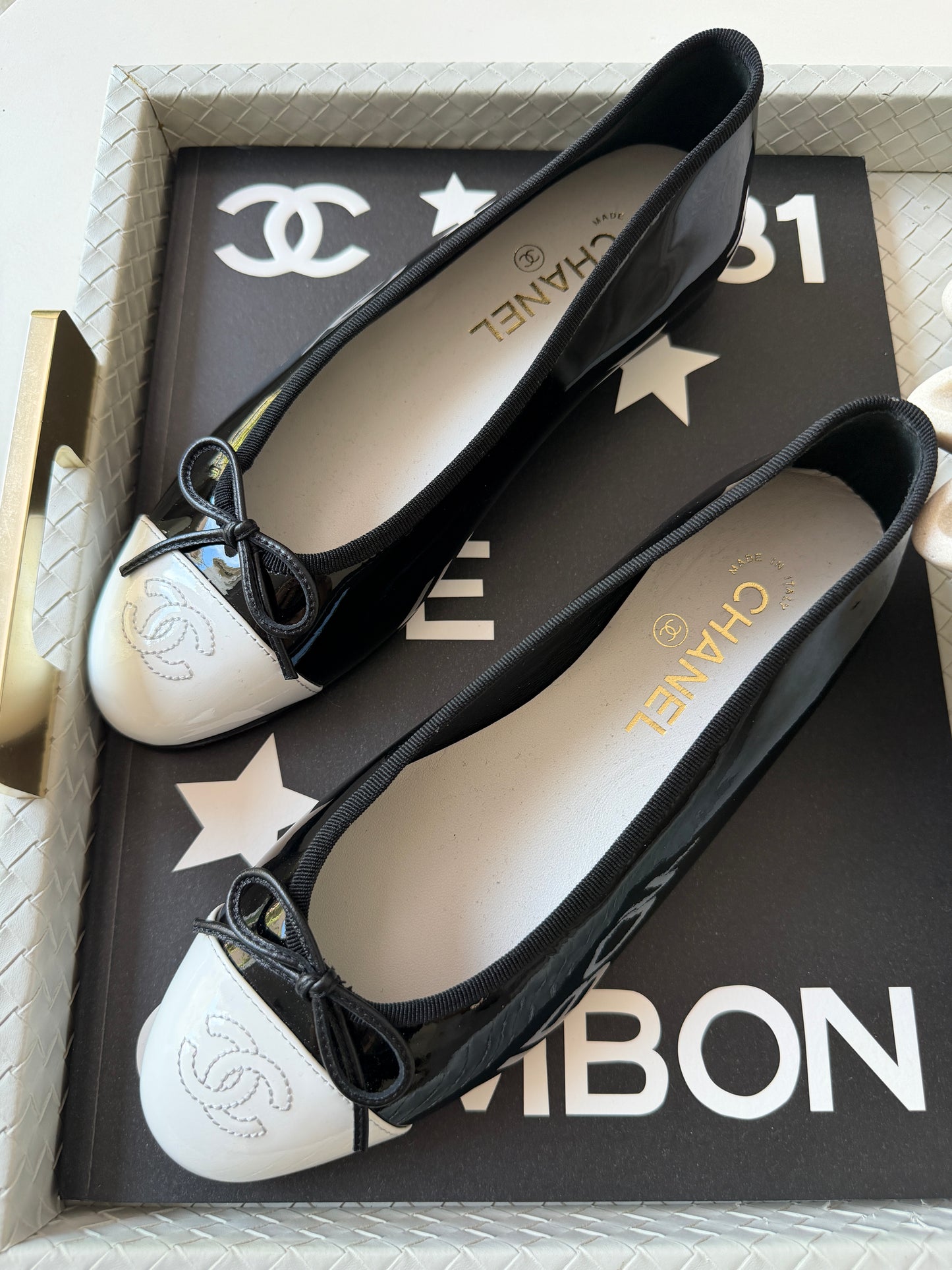 Chanel 26 Black Patent Leather White Cap Toe CC Logo Flat Ballet Ballerina Flats