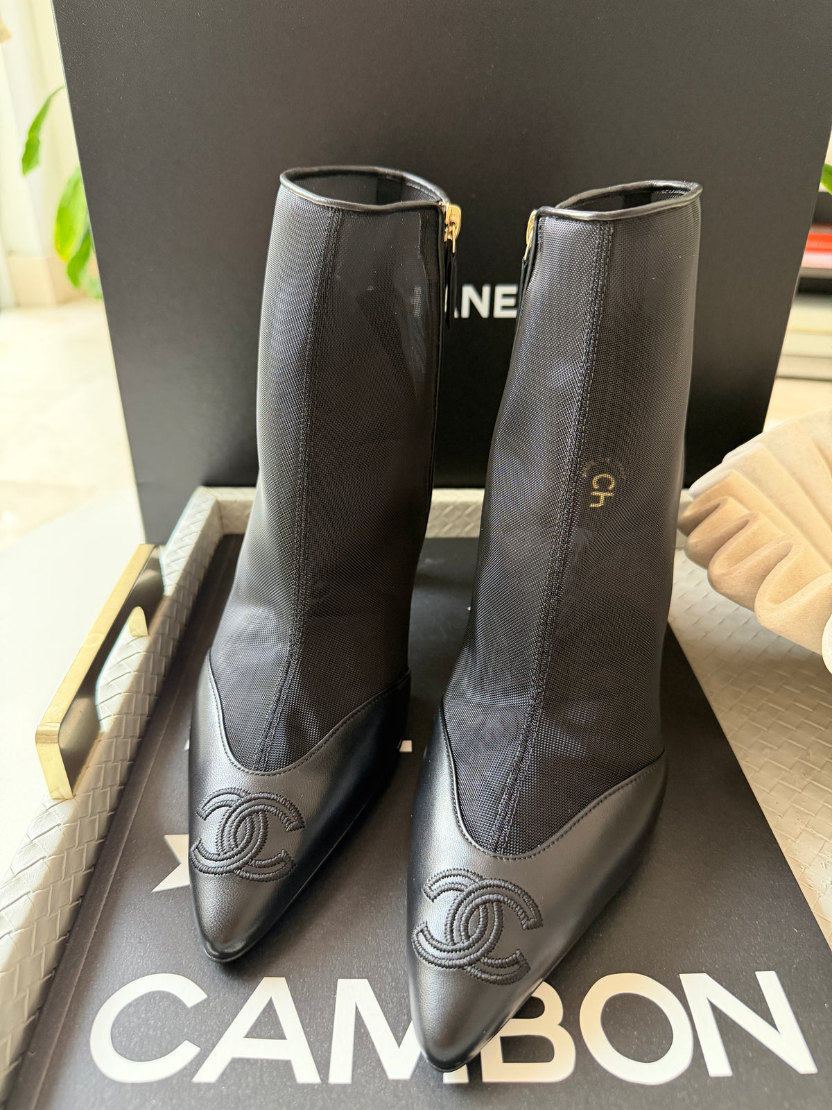 Chanel 26B Black Mesh Lambskin Leather CC Logo Cap Toe Booties Ankle Boots