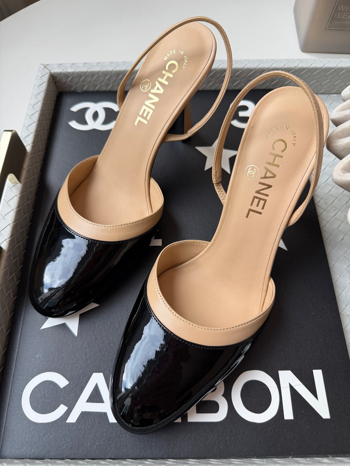 Chanel SS26 Beige Black Lambskin Patent Calfskin Leather Classic Slingbacks Pumps Heels