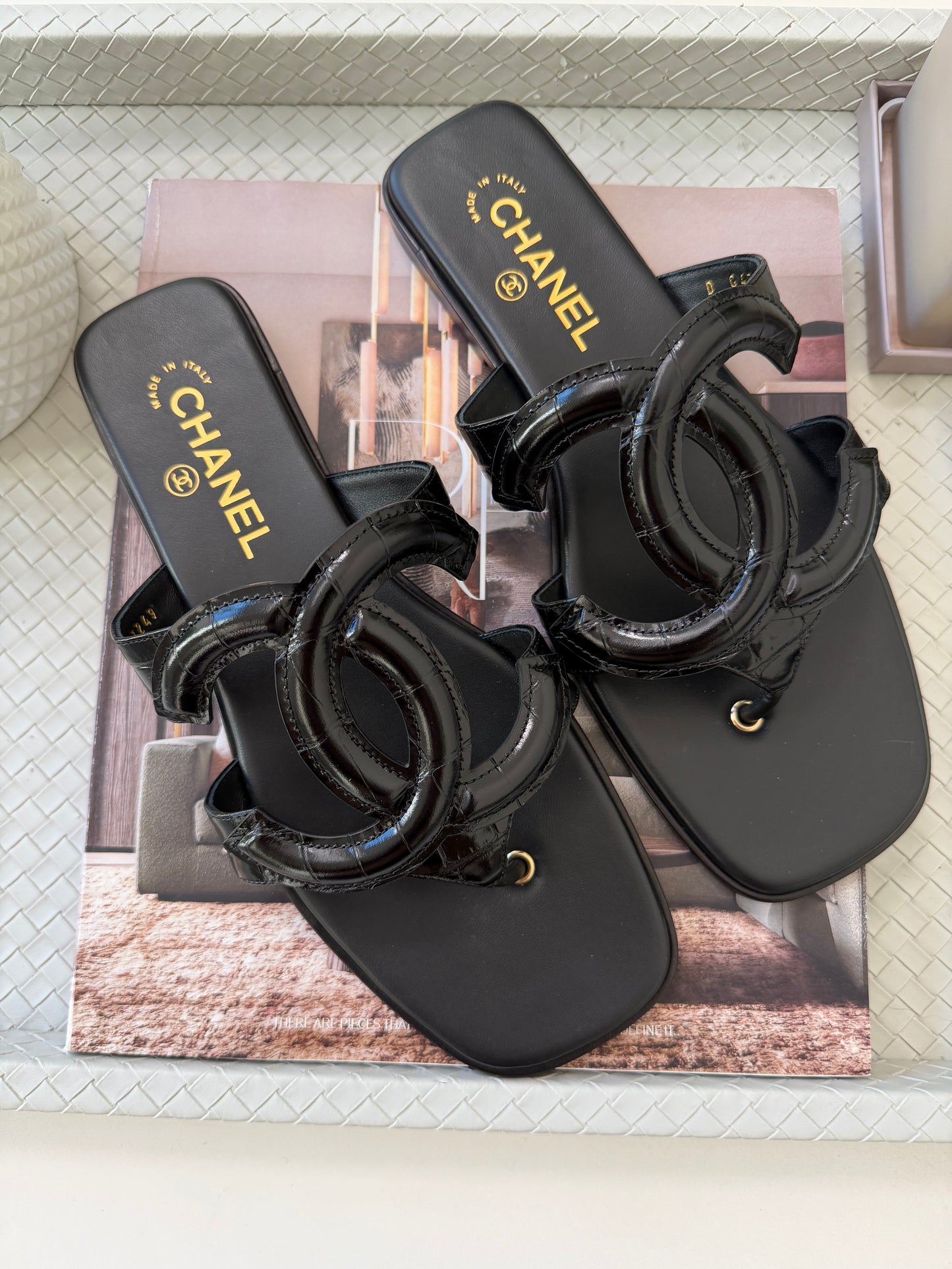 Chanel SS 26 Blazy Black Leather Croc Embossed CC Logo Slides Flat Flip Flop Mules Sandals