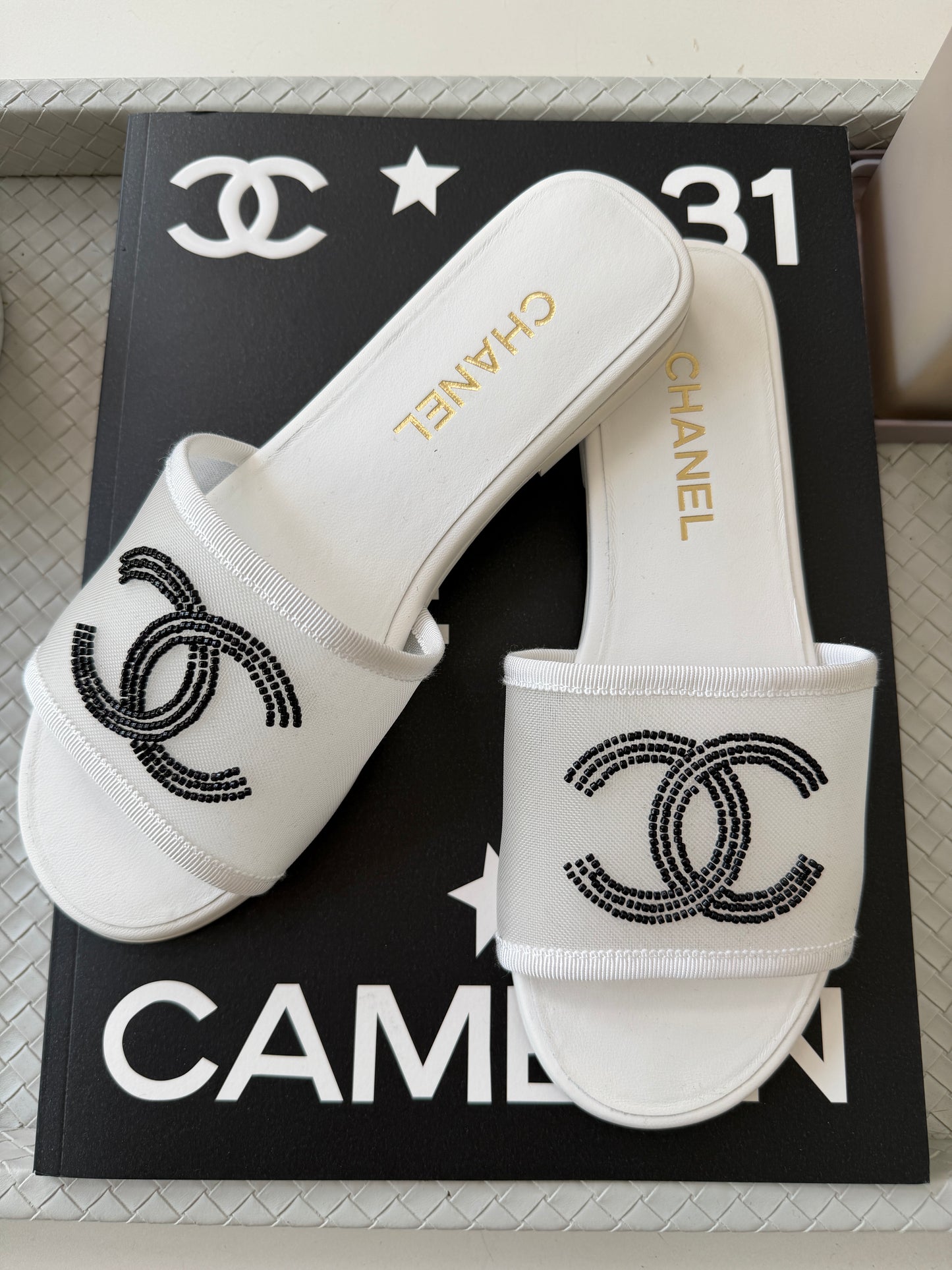 Chanel Blazy White Mesh Black Beads CC Logo Slides Sandals Mules Slide Flats