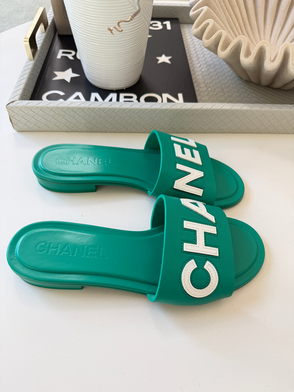 CHANEL CHA NEL LOGO GREEN LEATHER FLAT SHOES SLIDES MULES