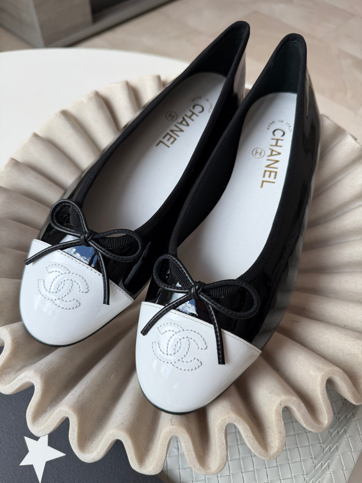 Chanel 26 Black Patent Leather White Cap Toe CC Logo Flat Ballet Ballerina Flats
