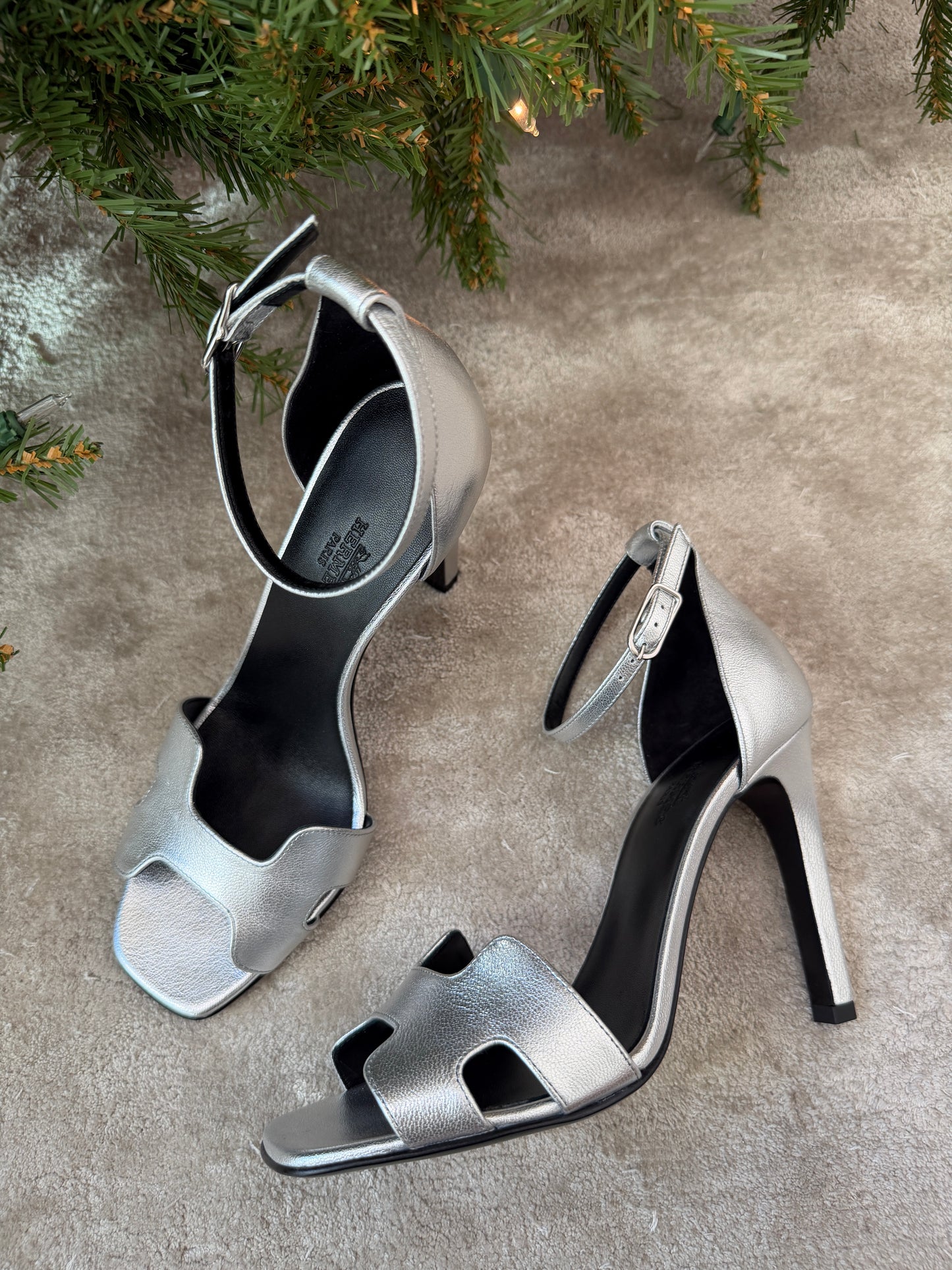 Hermes Joy 105 Gris Argente Metallic Silver Goatskin Leather Ankle Strap Sandal Heels