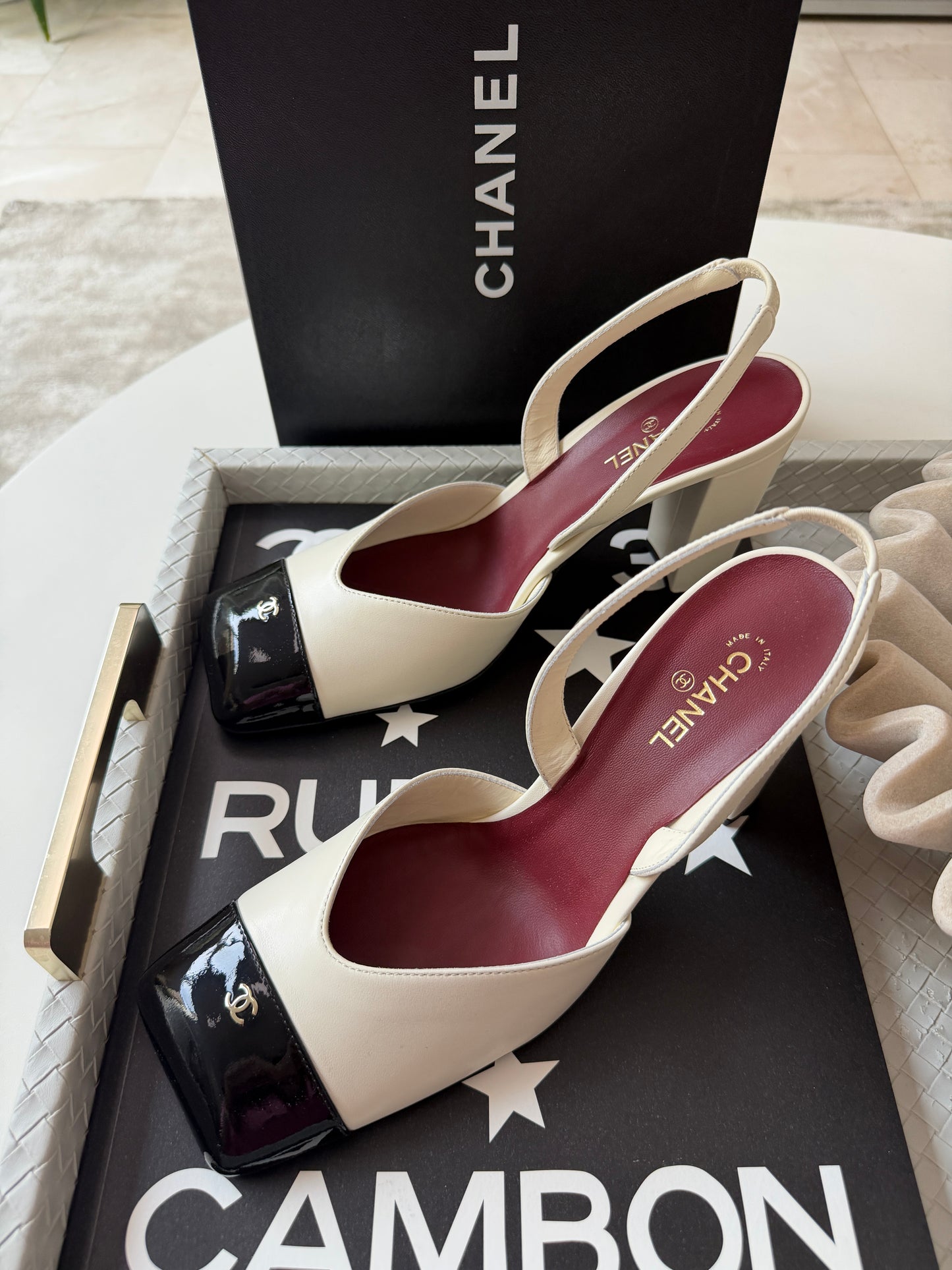 Chanel 26S Blazy Ivory Ecru Black Square Cap Toe Sling CC Slingback Chunky Heel Pumps