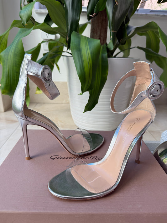 Gianvito Rossi Portofino 105 Silver Metallic Leather Ankle Strap PVC Sandals Pumps Heels