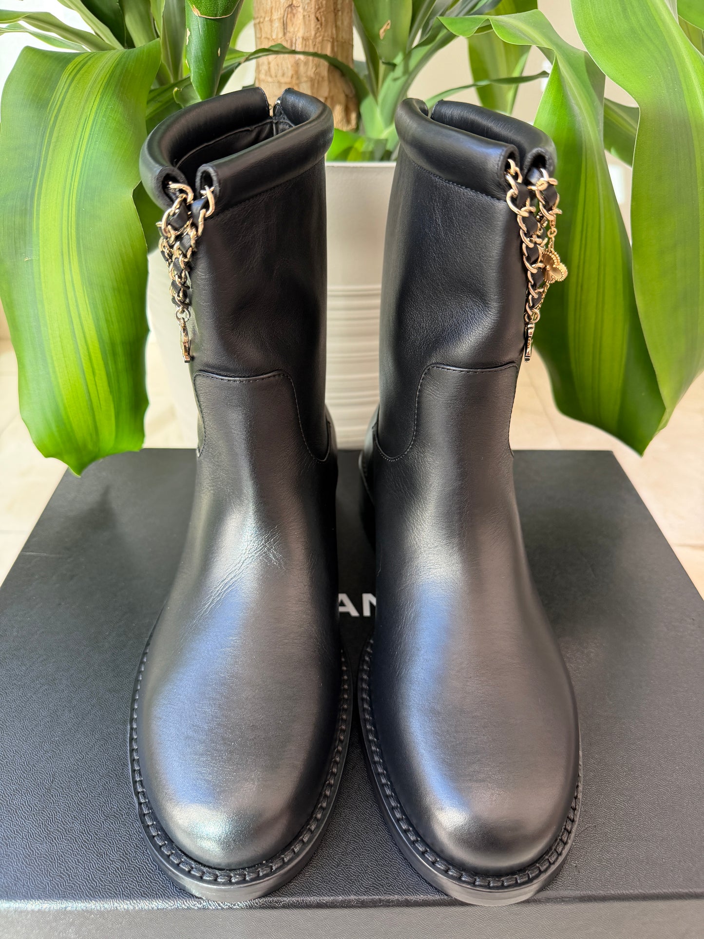 Chanel Calfskin CC Chain Logo Clover Gold Chain Charms Black Leather Boots Ankle Flat Booties