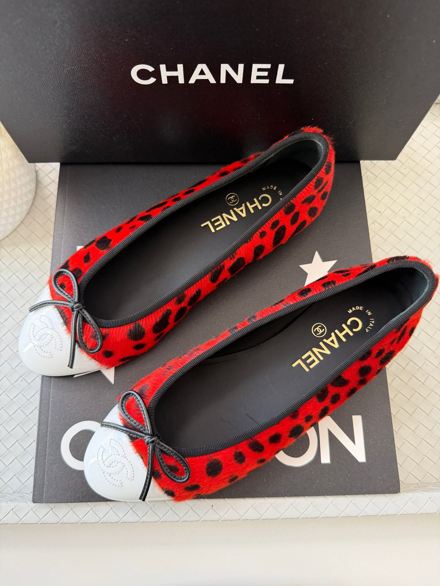 Chanel MÉTIERS D’ART 26 Red Orange Black White Pony Hair Animal Print Ballet Flats