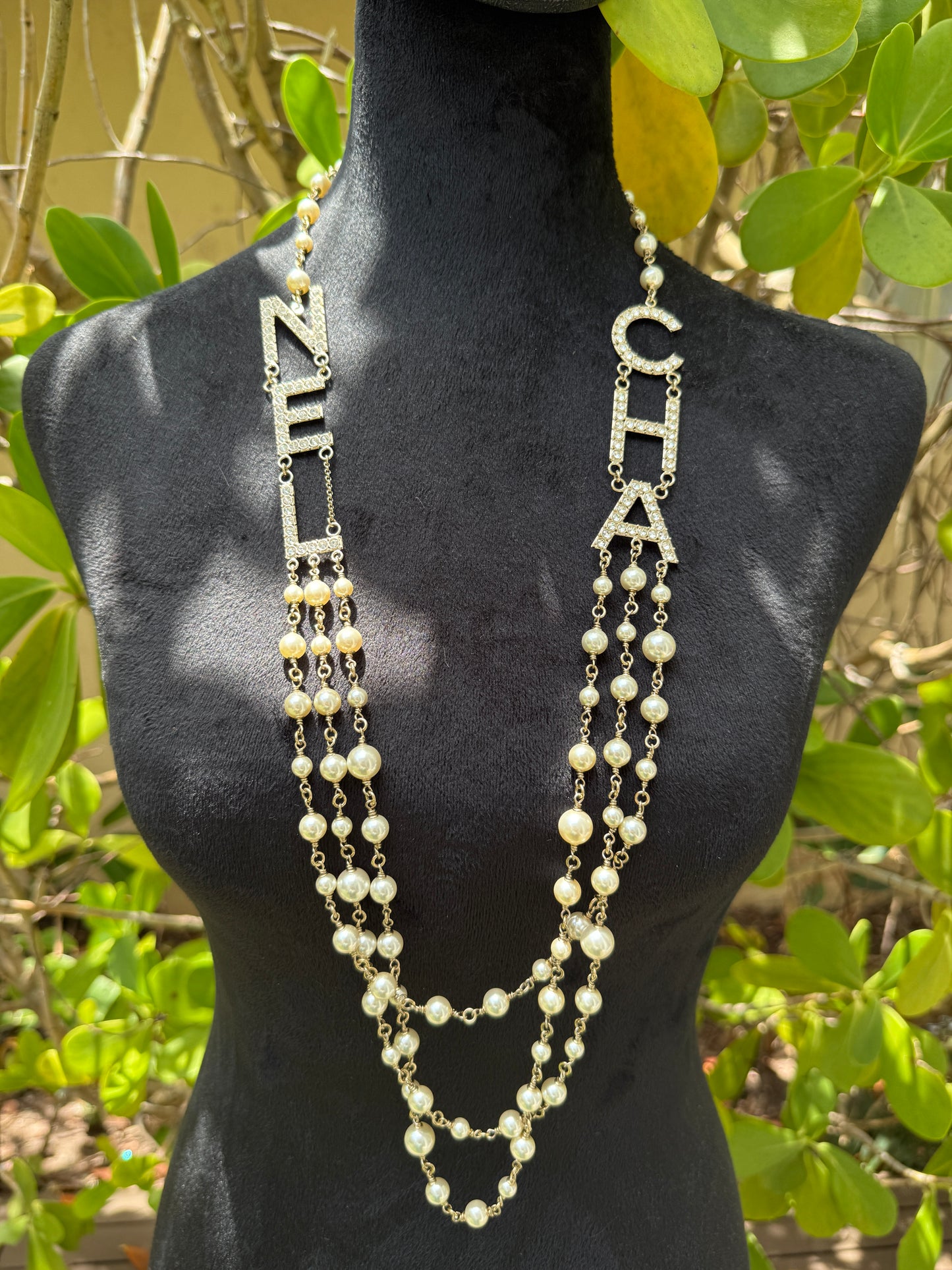 CHANEL 2019S GOLDEN TONE CHA NEL LETTERS LOGO WITH CRYSTALS PEARLS LONG NECKLACE