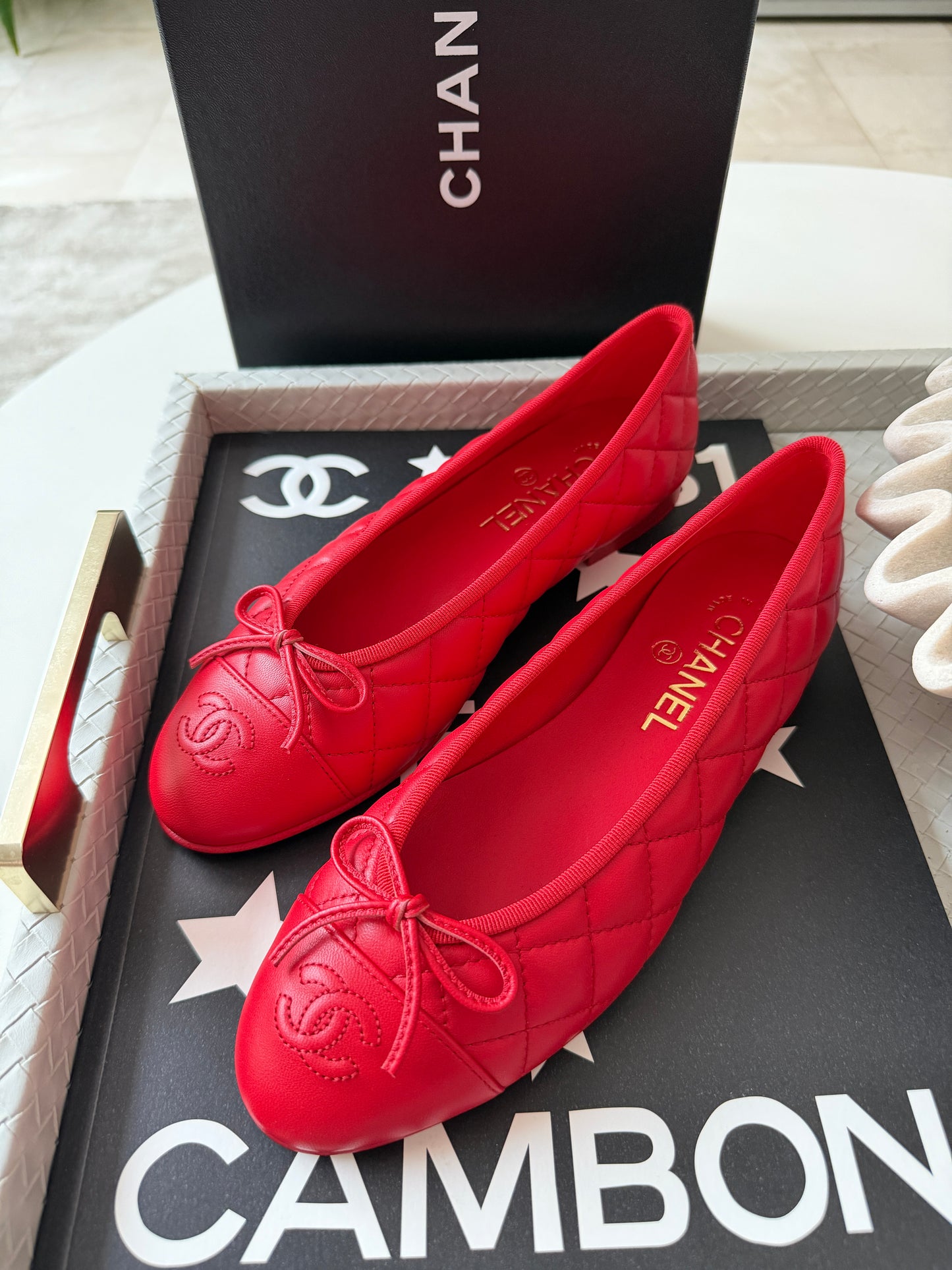 Chanel 26B Blazy Lambskin Leather Quilted Red Agneau Rouge CC Logo Ballet Ballerina Flats