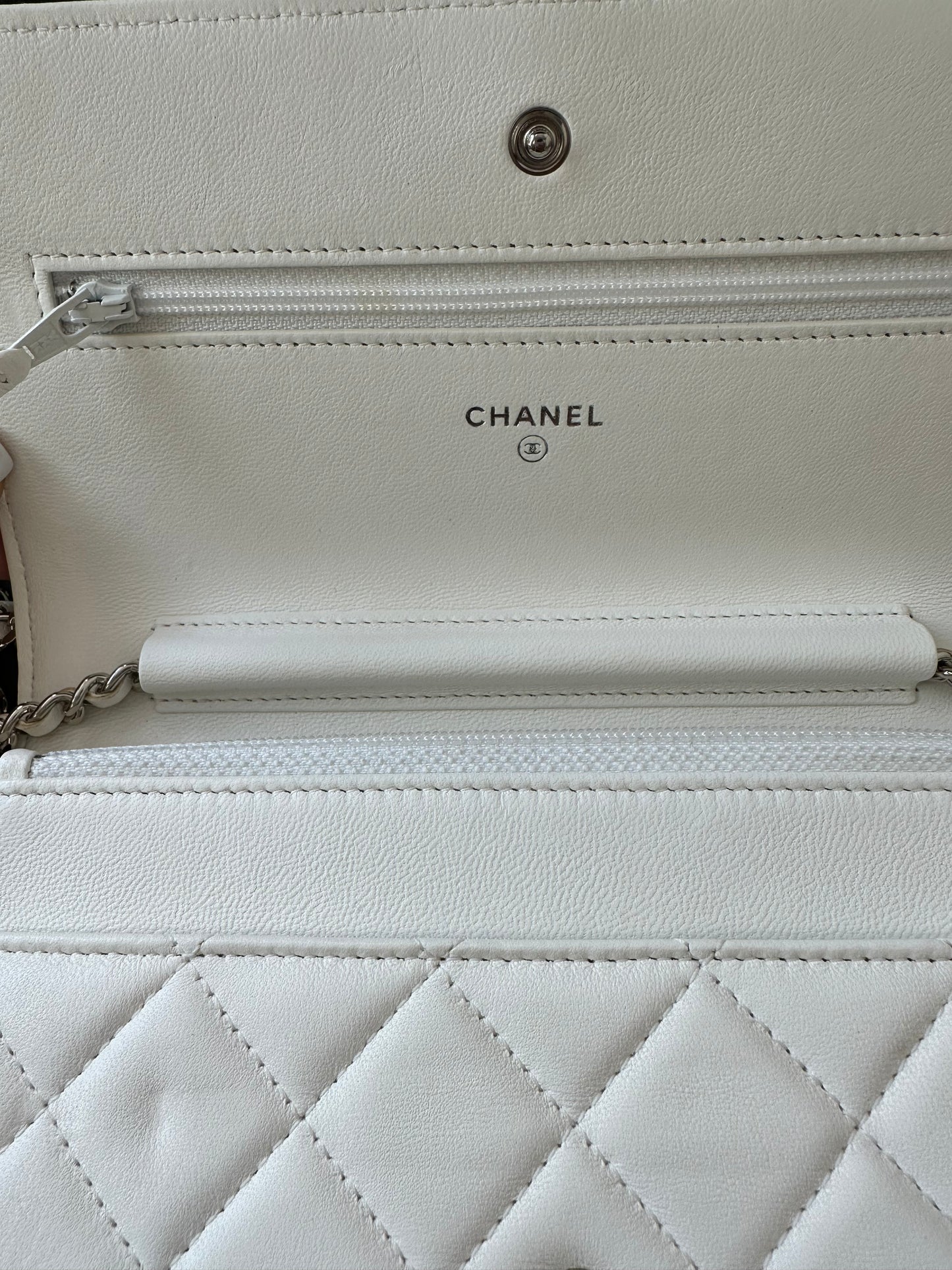Chanel White Lambskin Leather WOC Small Chain Wallet Silver HW Cross Body Bag