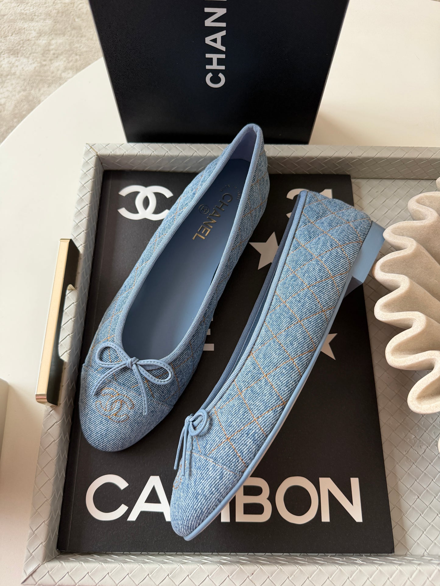 Chanel 26B Blazy Quilted Denim CC Logo Ballet Flats Light Blue Jean Ballerina