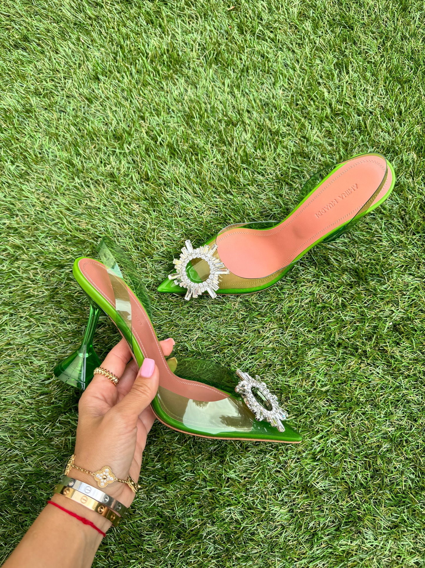 Amina Muaddi Begum Glass Jungle Green PVC Buckle Crystal Embellished Pumps Slingback Heel