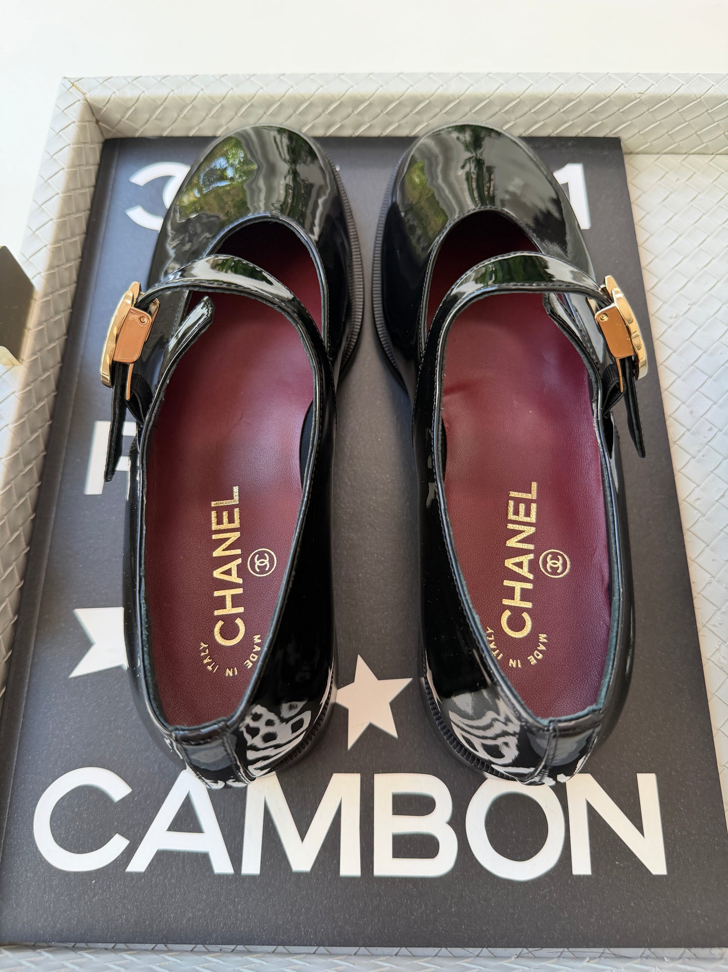 CHANEL 26B BLACK PATENT LEATHER MARYJANES GOLD CC LOGO ADJUSTABLE LOCK FLATS