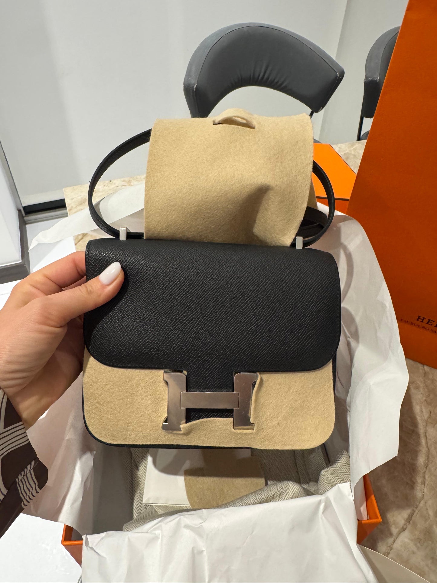 Hermes Constance 18 Mini Black Noir Epsom Leather Palladium Hardware PHW Flap Shoulder Cross Body Bag Purse