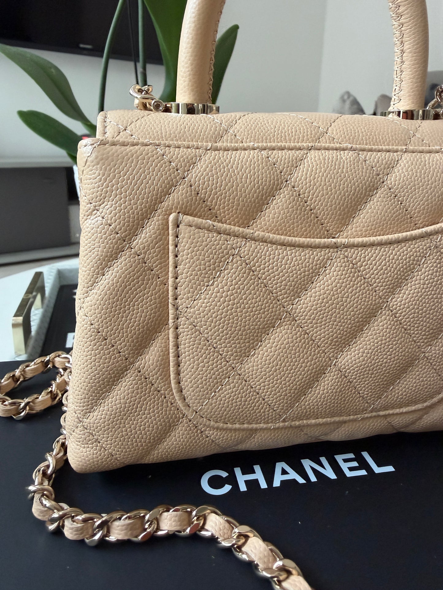 Chanel 24K AP4244 Micro Coco Handle Extra Mini Classic Flap Bag Beige Caviar Clutch with Chain Gold HW