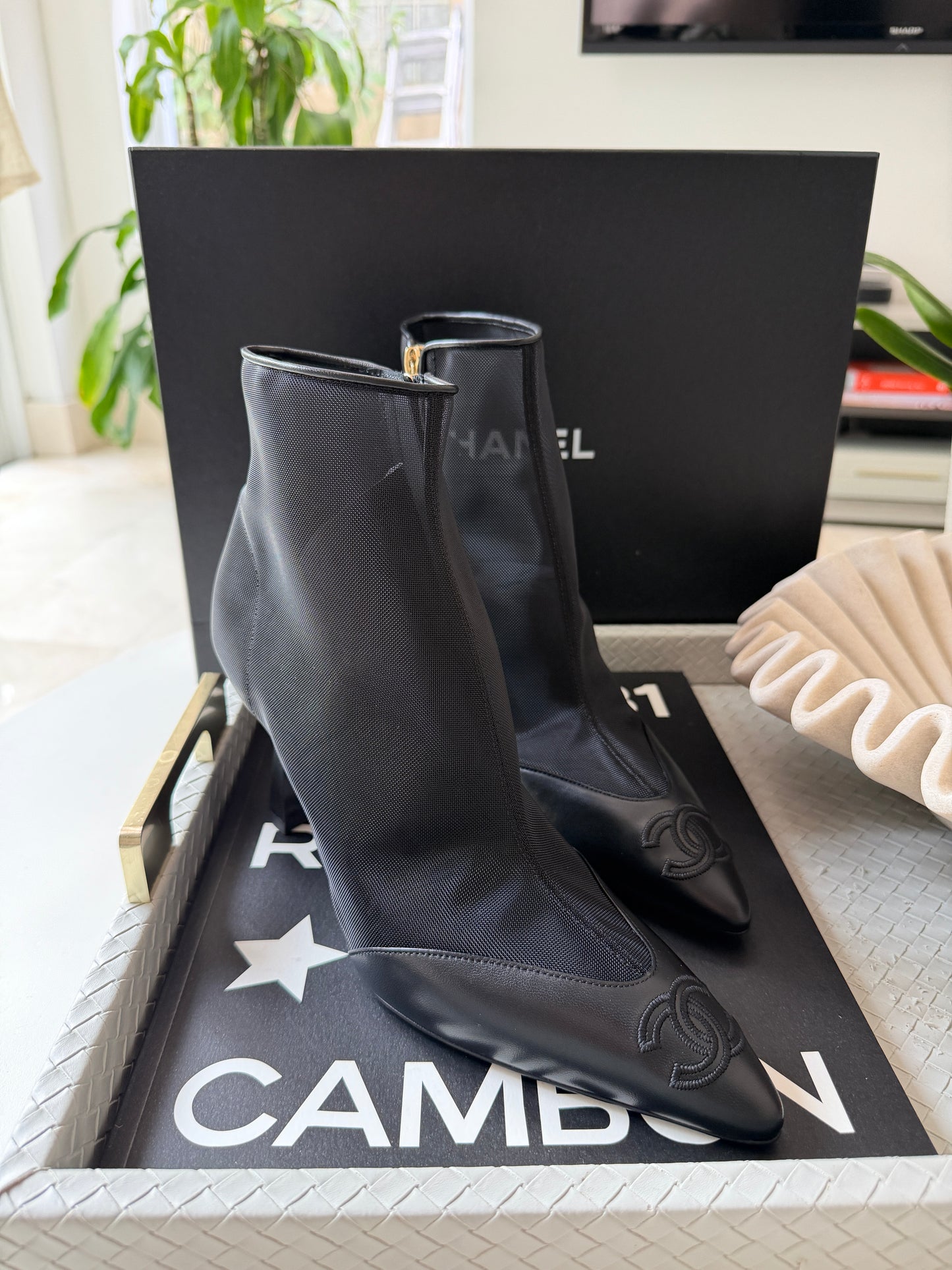 Chanel 26B Black Mesh Lambskin Leather CC Logo Cap Toe Booties Ankle Boots