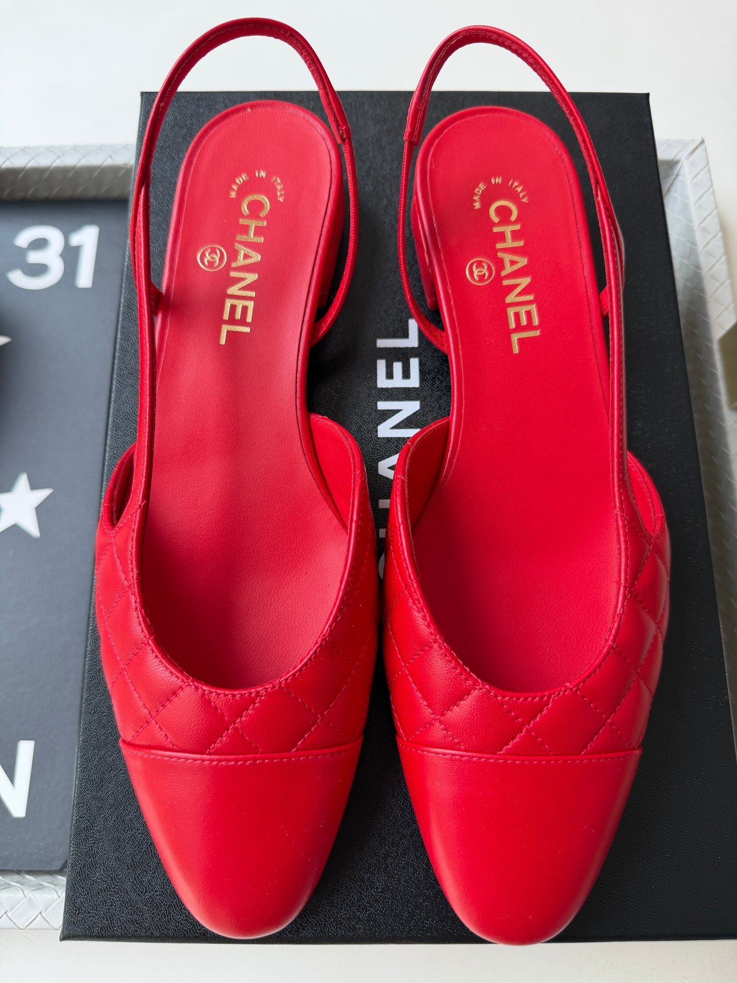 Chanel 26B Red Agneau Rouge Quilted Lambskin Leather Slingback Sling CC Flats