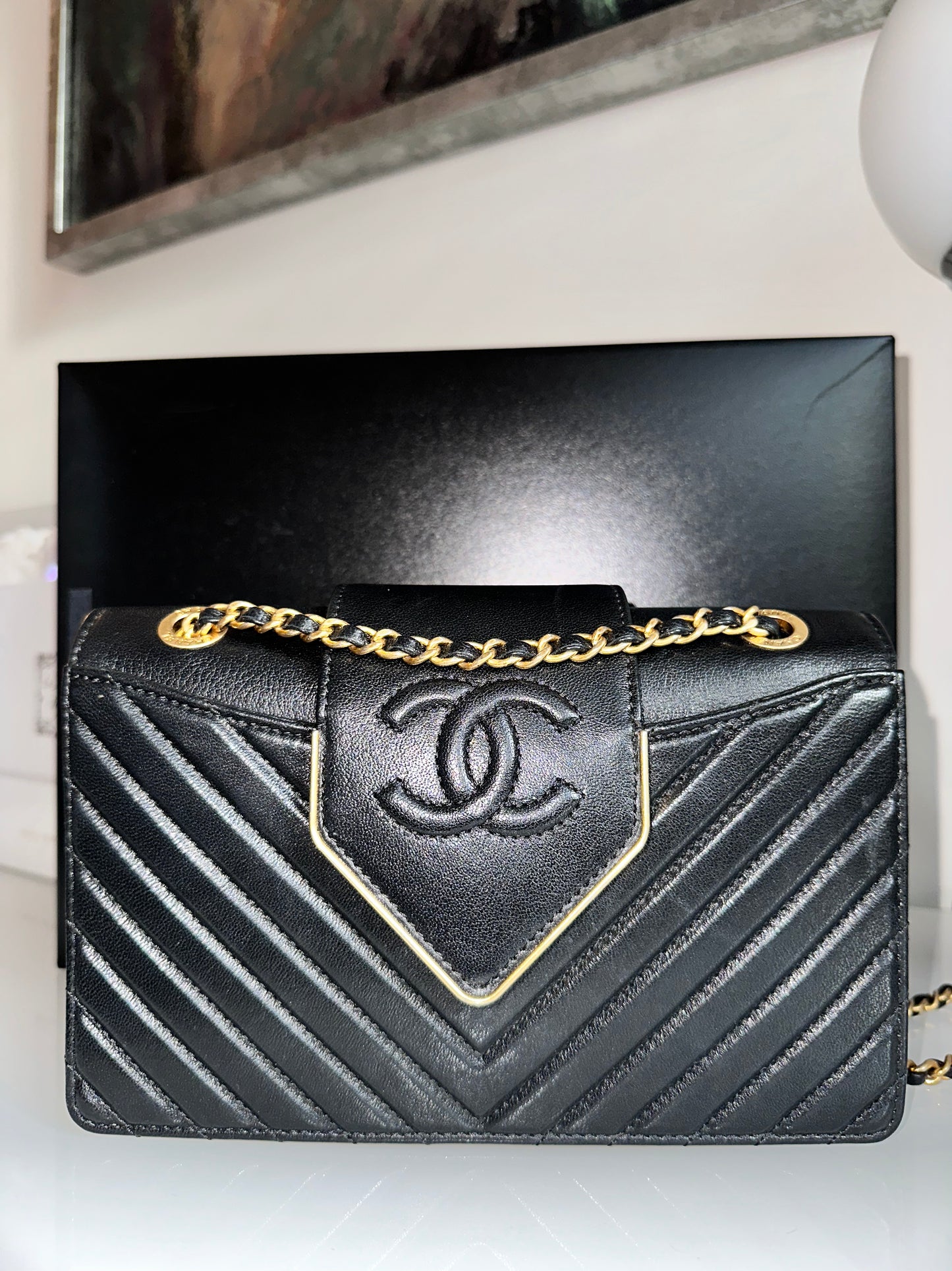 Chanel Collar and Tie Flap Bag Chevron Sheepskin Mini Gold Metal Black Handbag Pre-Owned