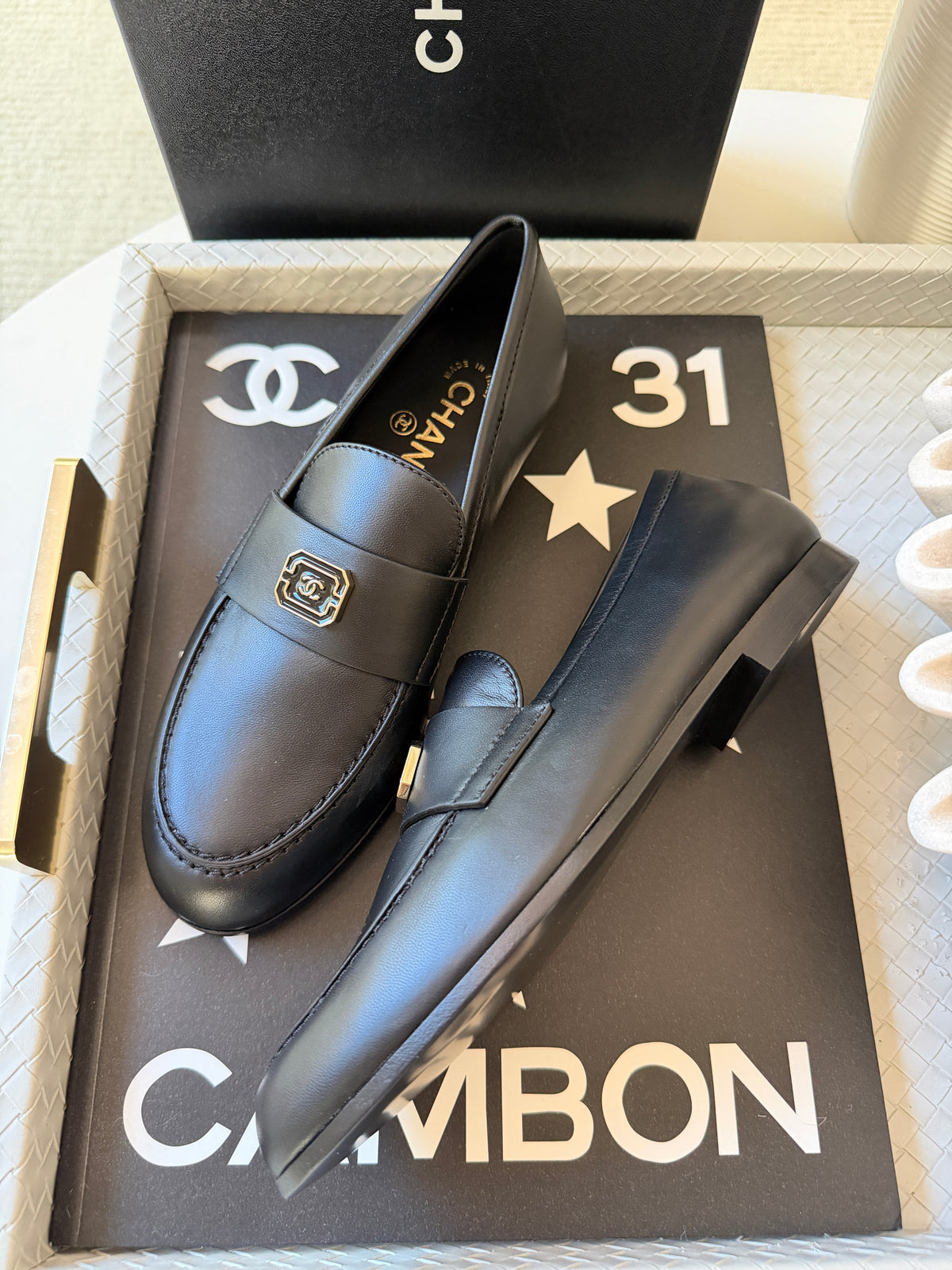 Chanel 2024 Classic Lambskin Leather Black Enamel CC Logo Moccasins Loafers Flats Shoes
