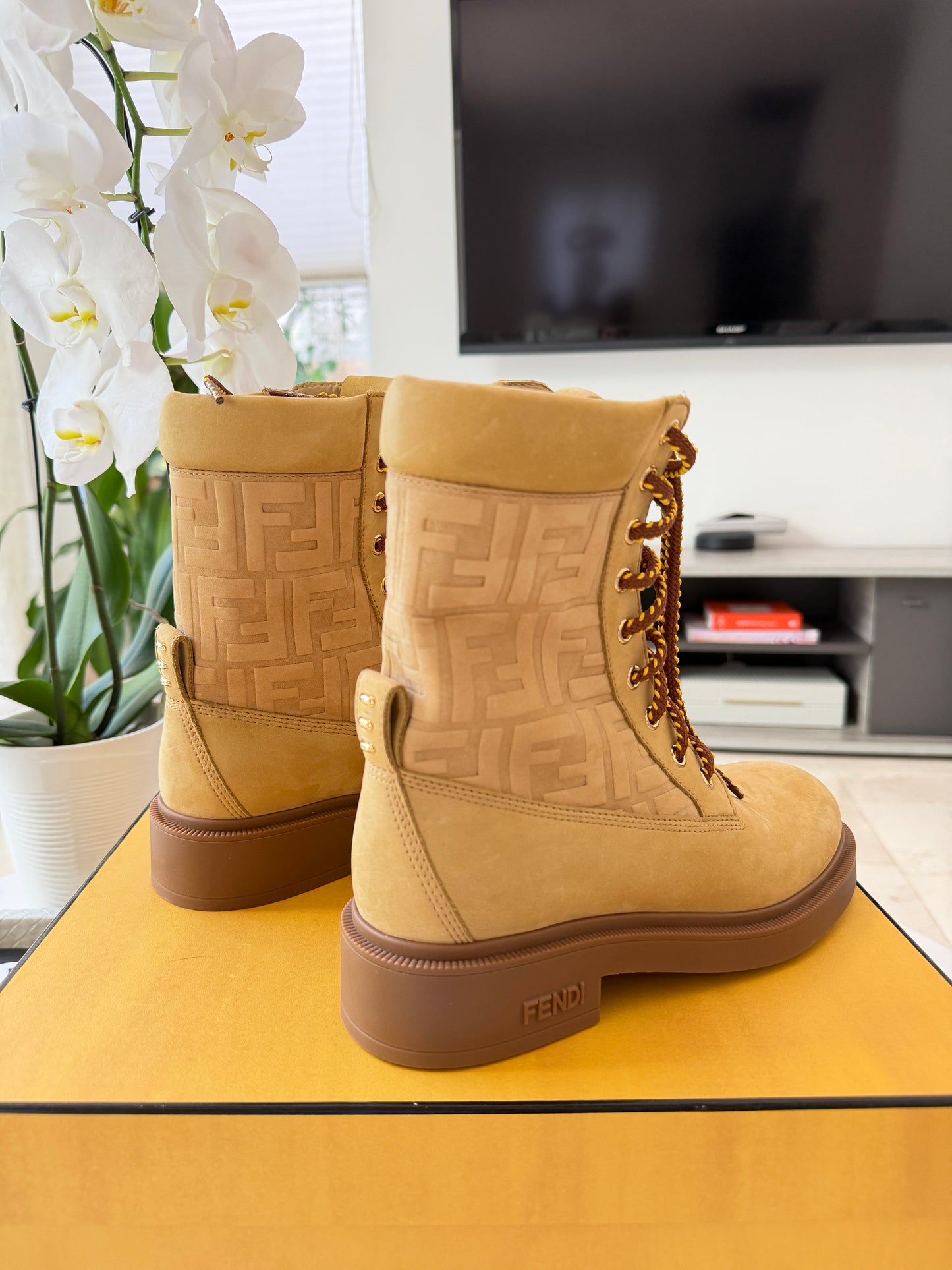 Fendi Filo Beige Nubuck FF Embossed Logo Lace Up Tie Combat Ankle Biker Boots