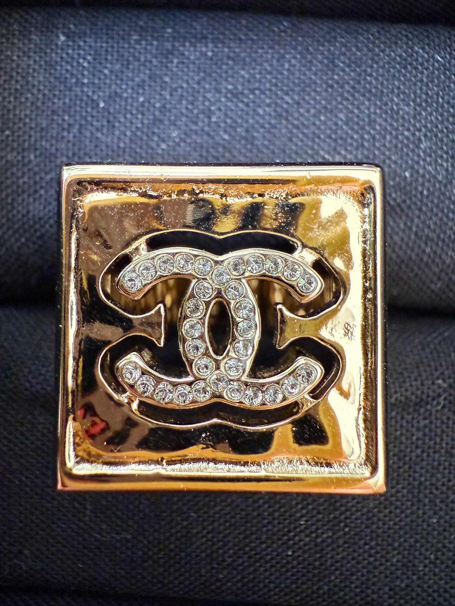 Chanel 22S CC Logo Crystals Strass Crystal Metal Gold Tone Square Ring