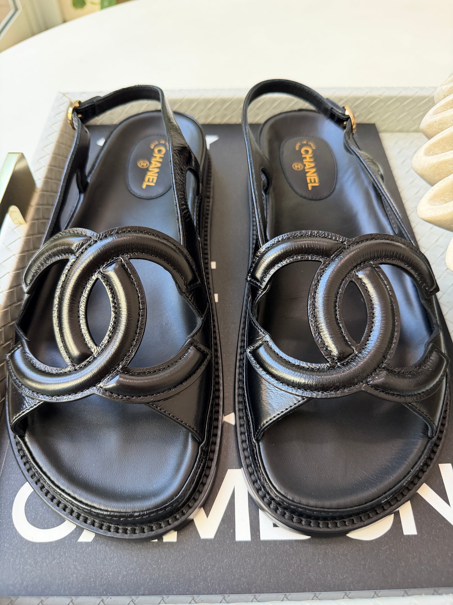 Chanel FW 26 Blazy Crumpled Shiny Lambskin Leather Black CC Logo Dad Sandals Slingbacks