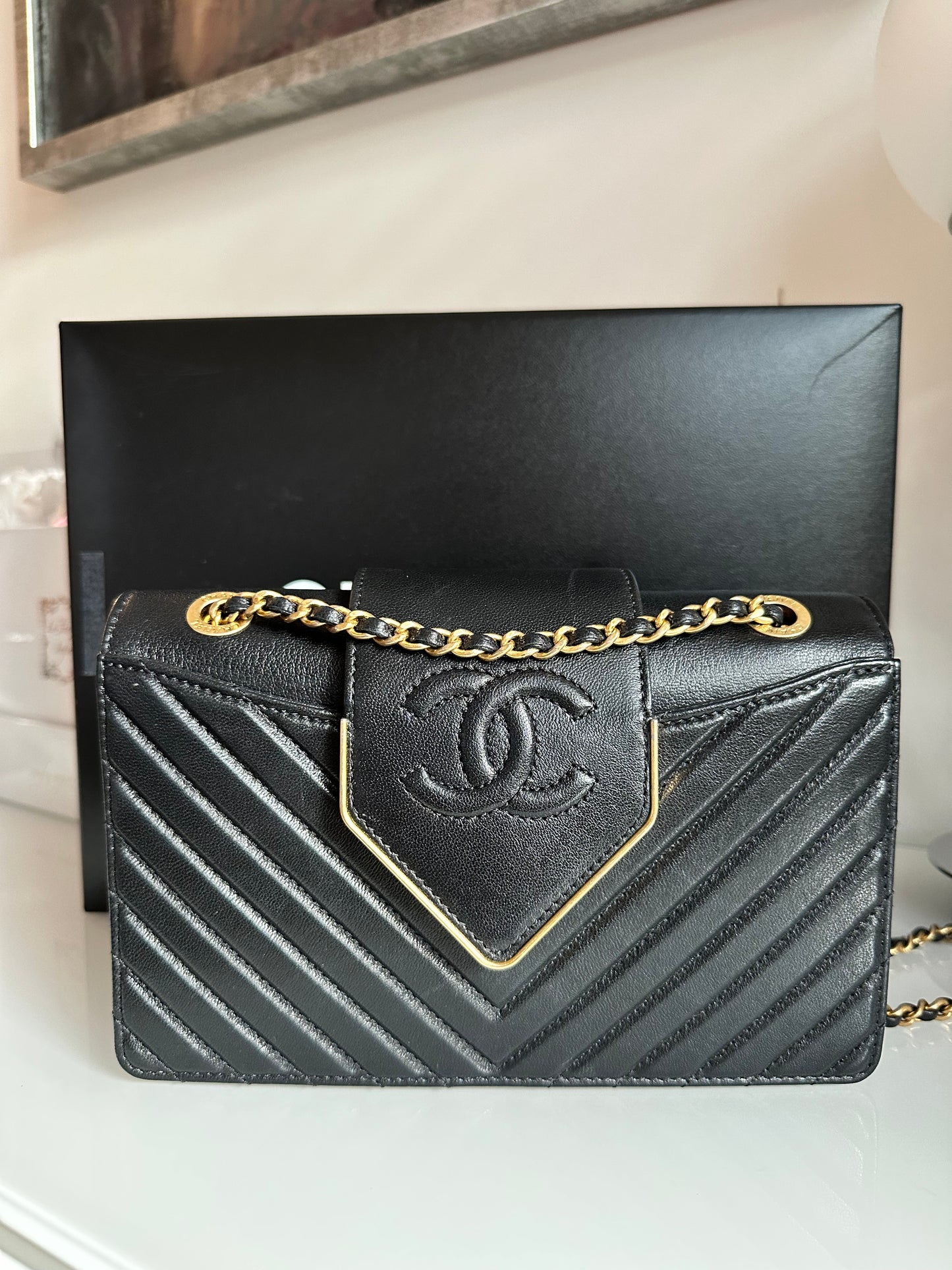 Chanel Collar and Tie Flap Bag Chevron Sheepskin Mini Gold Metal Black Handbag Pre-Owned
