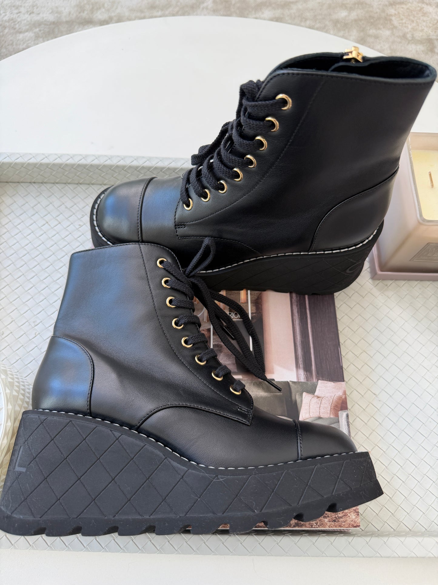 Chanel 2024 Platform Interlocking CC Logo Combat Wedge Lambskin Lace Up Ankle Boots
